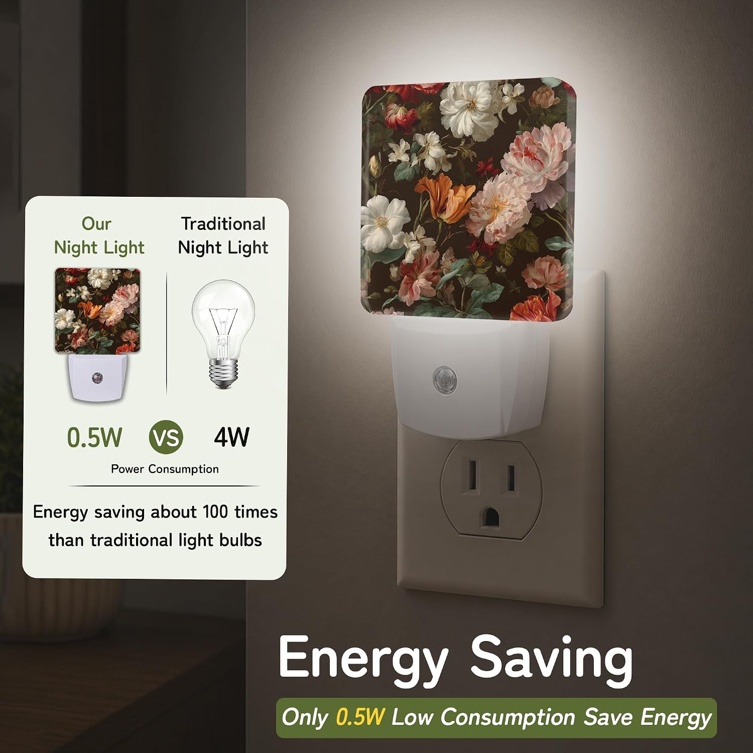 Dark Vintage Floral Night Light, Night Lights Plug into Wall with Dusk to Dawn Sensor for Bedroom Bathroom Hallway Kitchen, Decorative…