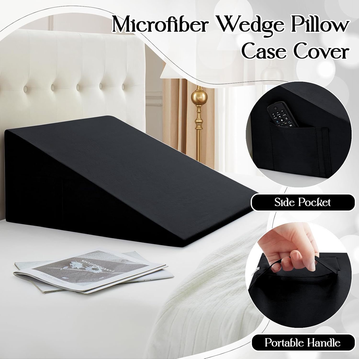 Cotton Wedge Pillow Cover for 24" x 24" x 7.5" Wedge Bed Pillow, Zippered Wedge Pillow Case Protector with Side Pocket, Black (Pillow Not…