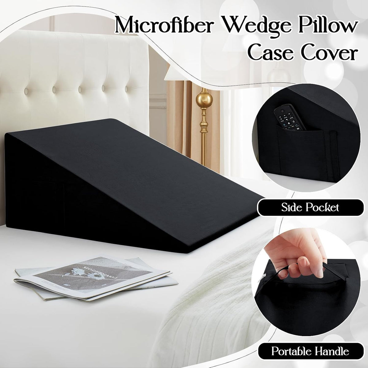 Cotton Wedge Pillow Cover for 24" x 24" x 10" Wedge Bed Pillow, Zippered Wedge Pillow Case Protector with Side Pocket, Black (Pillow Not…