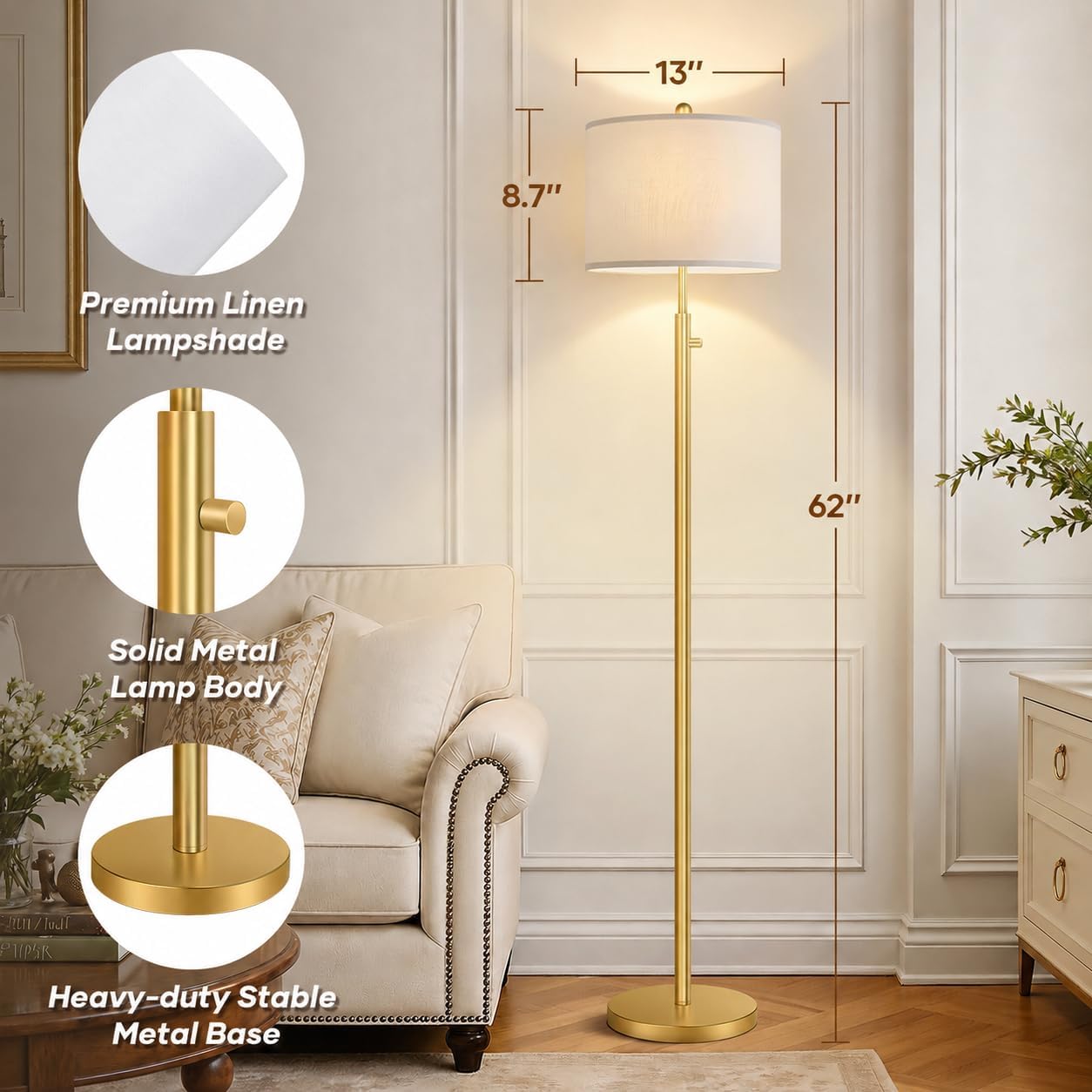 Nintiue 【Upgraded】 Dimmable Floor Lamp for Living Room, 11W LED Bulb Included, Modern Standing Lamp, Tall Pole Light with Linen Shade for…