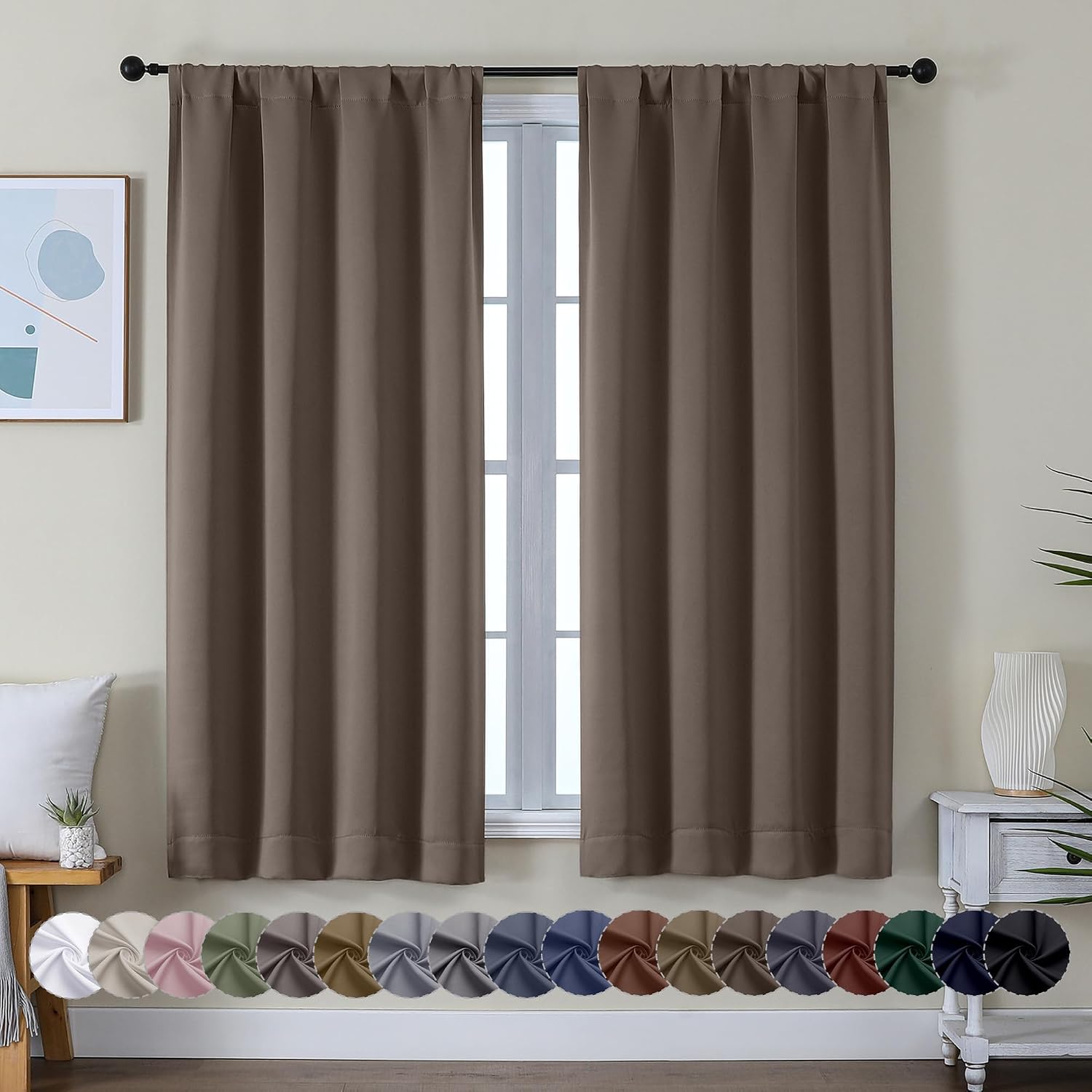Simplebrand Ava Brown Blackout Curtains for Bedroom 63 Inch Length 2 Panels Set, Solid Thermal Insulated Energy Saving Rod Pocket Window Tr…
