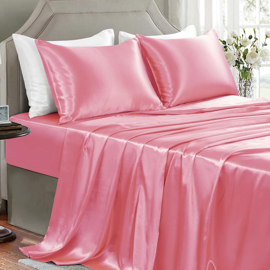 Golal Satin Sheets King Size - 4 Pieces Luxury Silky Soft Bed Sheets, Wrinkle-Free Pink Satin Silk Sheet Set with 1 Deep Pocket Fitted Shee…