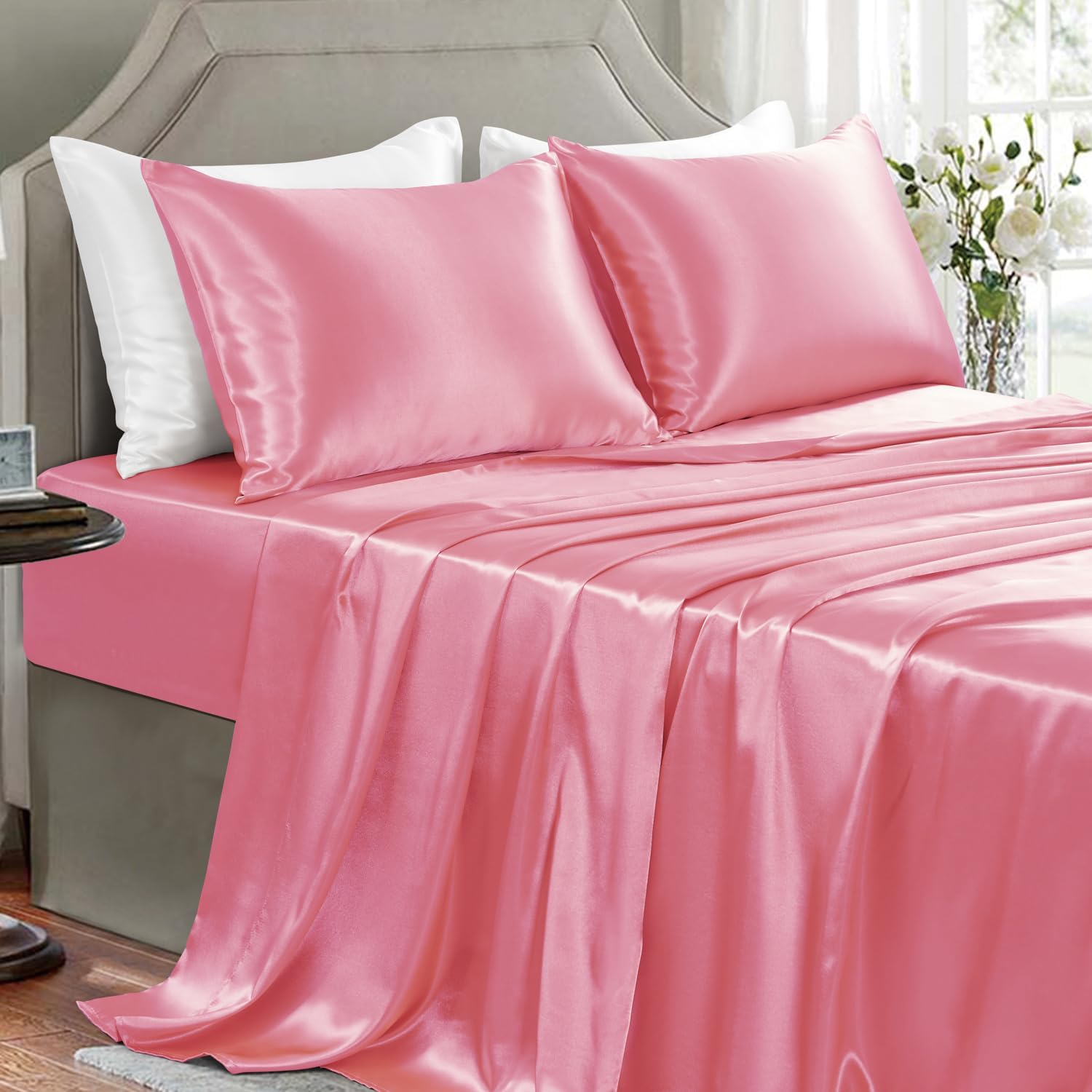 Golal Satin Sheets King Size - 4 Pieces Luxury Silky Soft Bed Sheets, Wrinkle-Free Pink Satin Silk Sheet Set with 1 Deep Pocket Fitted Shee…