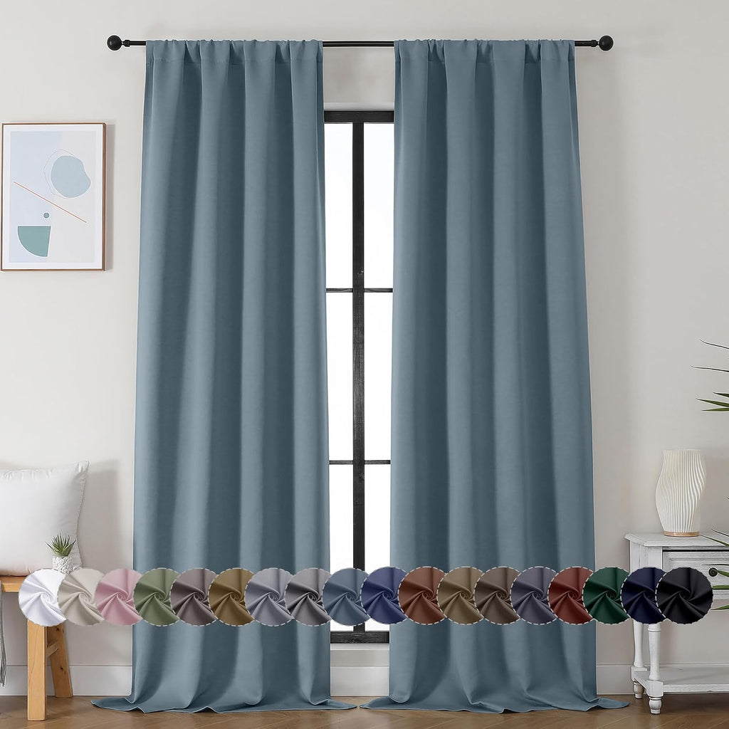 Simplebrand Ava Stone Blue Blackout Curtains for Bedroom 90 Inches Long 2 Panels Set, Solid Privacy Energy Saving Living Room Window Treatm…