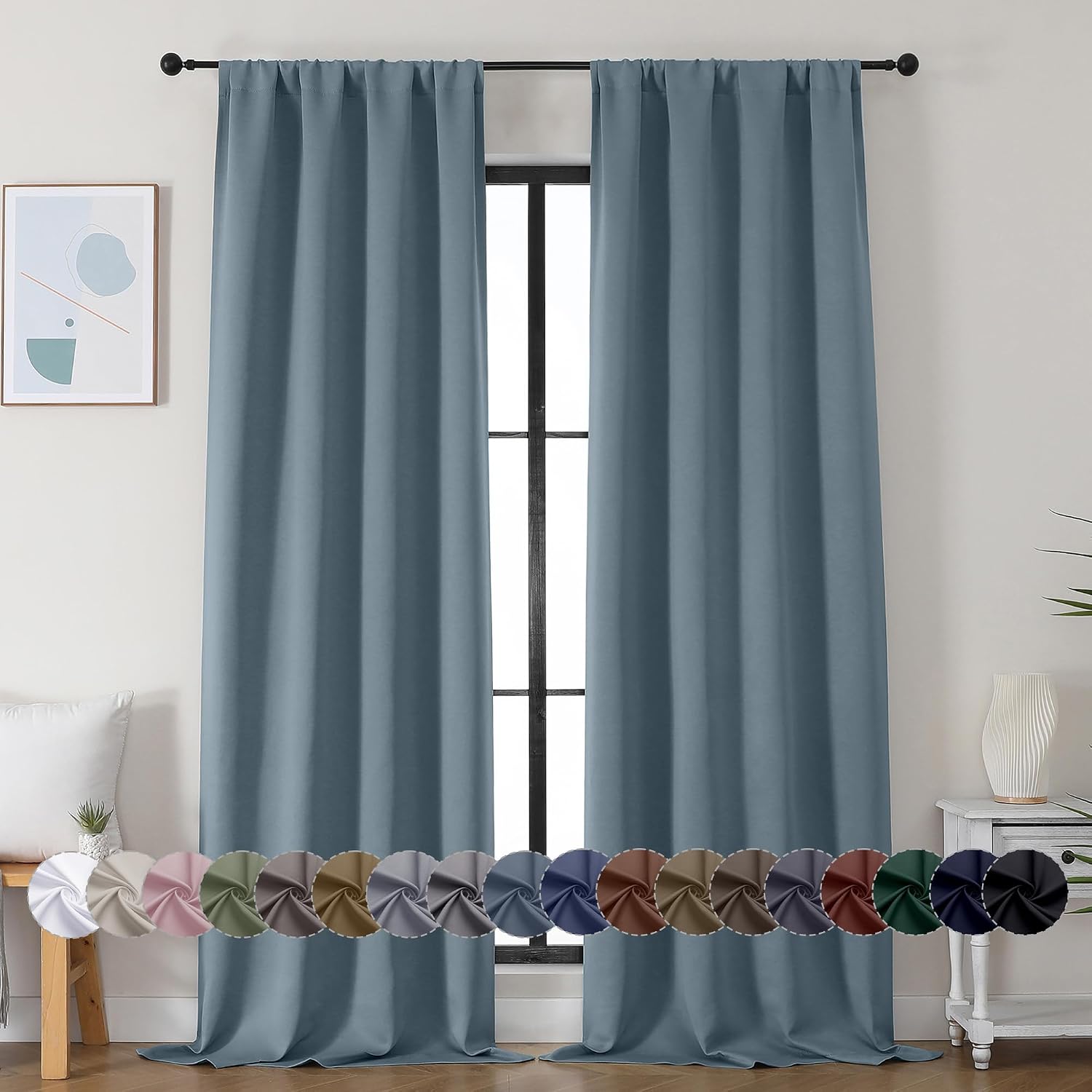 Simplebrand Ava Stone Blue Blackout Curtains for Bedroom 90 Inches Long 2 Panels Set, Solid Privacy Energy Saving Living Room Window Treatm…