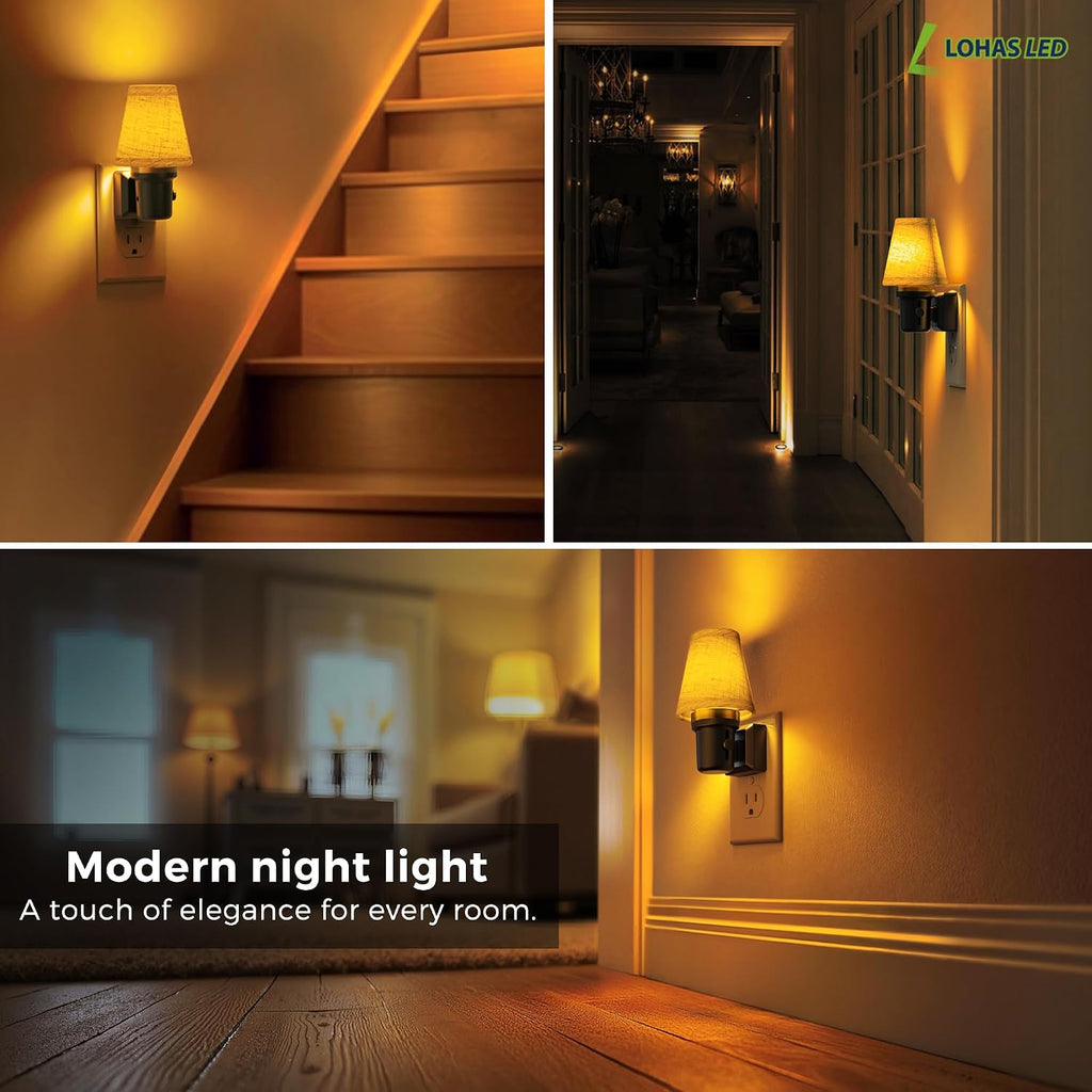 L LOHAS LED Night Lights Plug into Wall, 2 Pack Linen Fabric Round Platform Decor Night Light, Dusk to Dawn Sensor Vintage Nightlight…