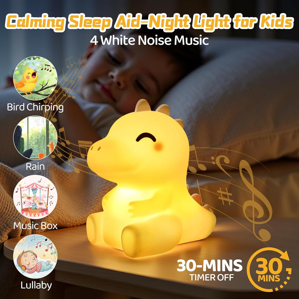 Mewaii Huggwaii Squishy Dinosaur Night Light for Kids, 4 White Noise Dimmable Silicone Kids Night Light, Long Battery Life Rechargeable Din…