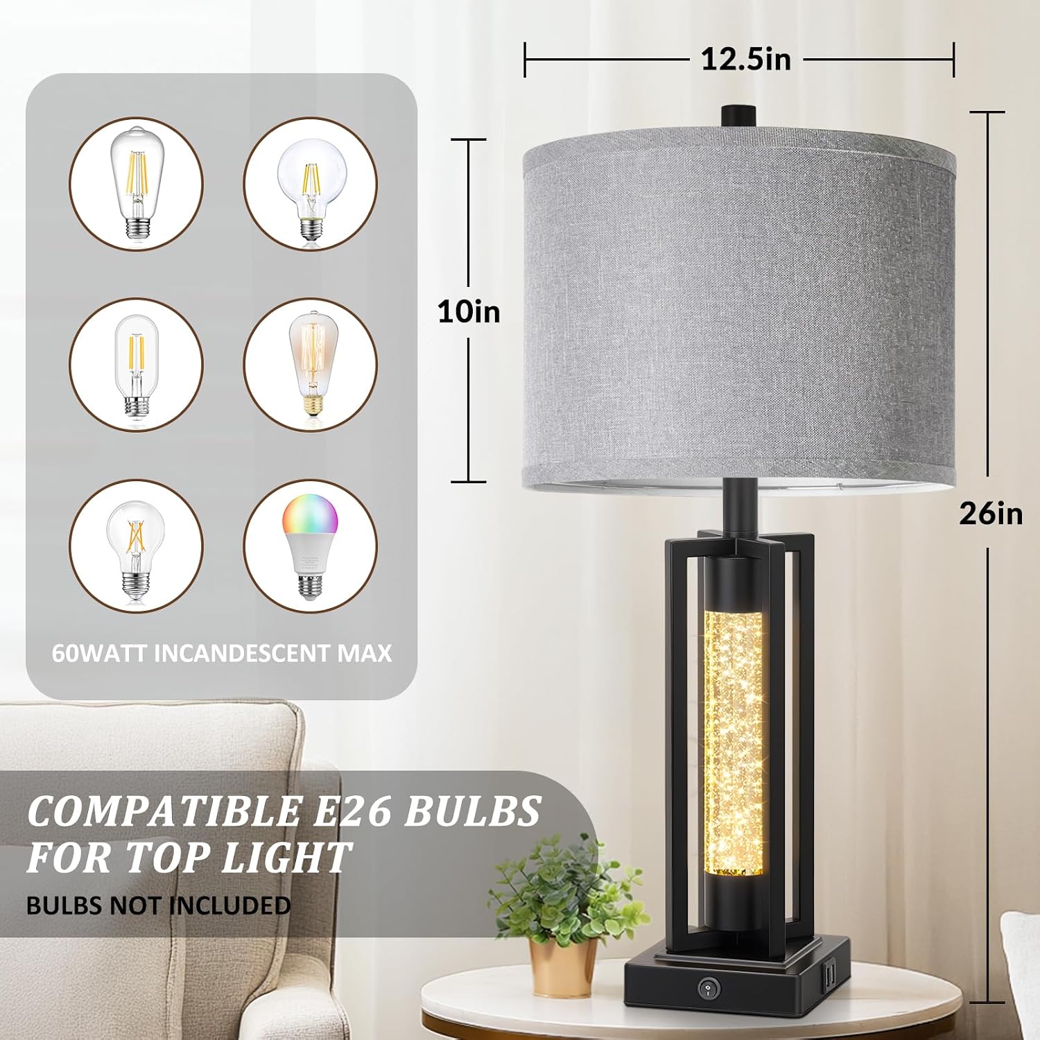 Tobusa 26’’ Farmhouse Table Lamps for Living Room Set of 2, Modern Nightstand Lamps with Crystal Night Light & 2 USB Ports, Vintage Home De…