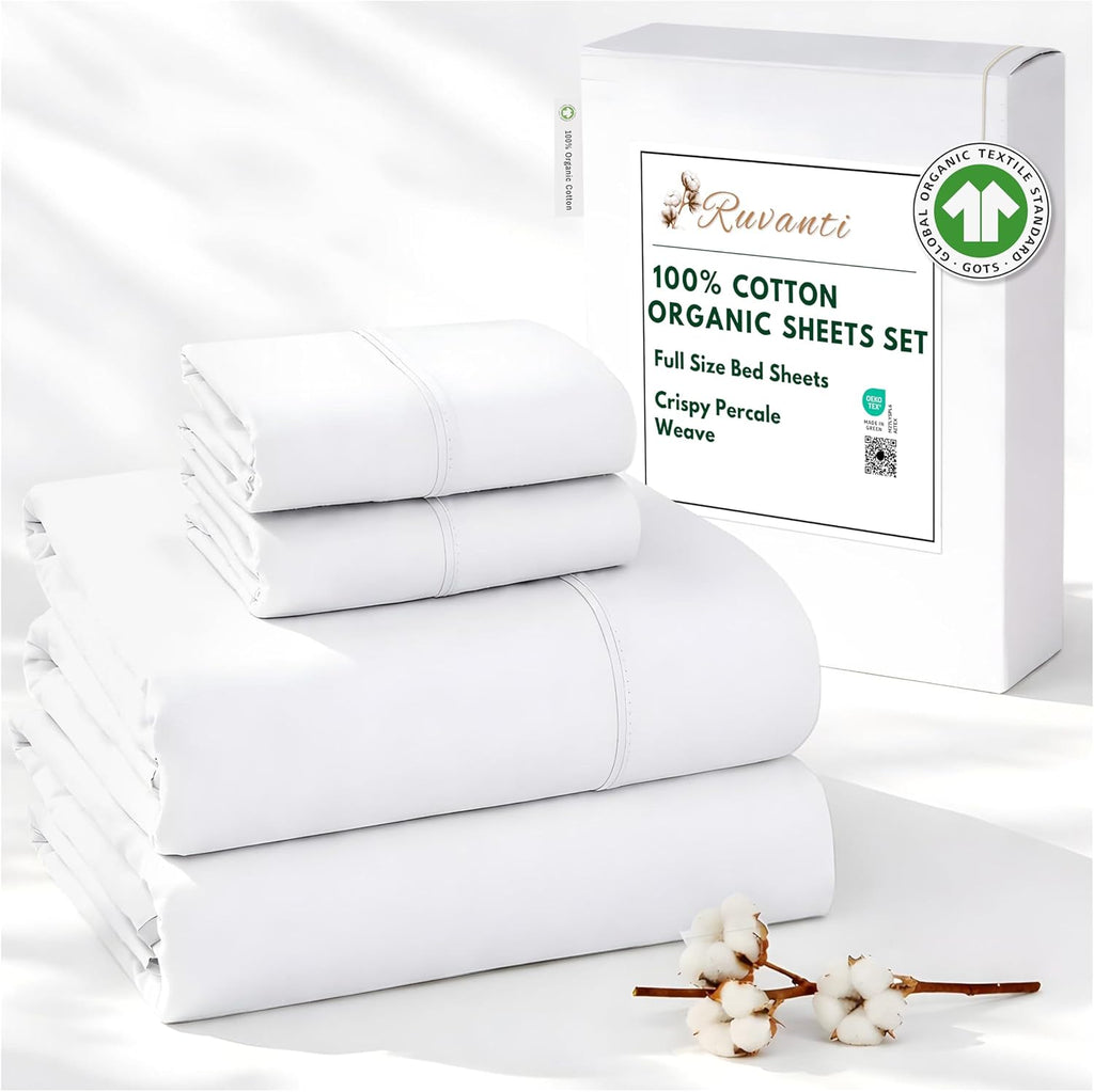 Ruvanti 100% Cotton Organic Percale Sheets Full Size – Crisp Cooling Bed Sheets for Hot Sleepers, Deep Pocket 15”, Soft Peach Finish, Breat…