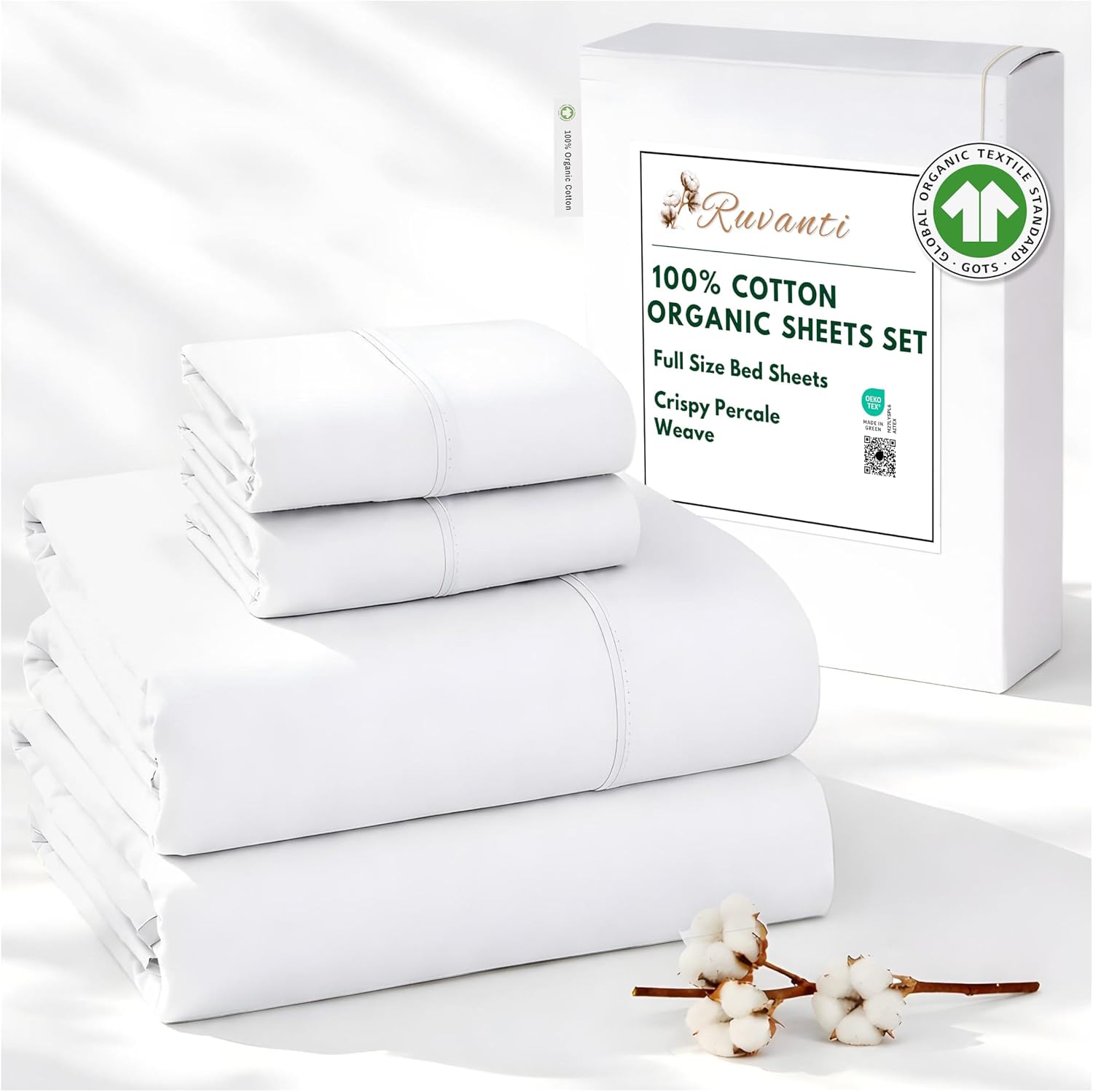Ruvanti 100% Cotton Organic Percale Sheets Full Size – Crisp Cooling Bed Sheets for Hot Sleepers, Deep Pocket 15”, Soft Peach Finish, Breat…