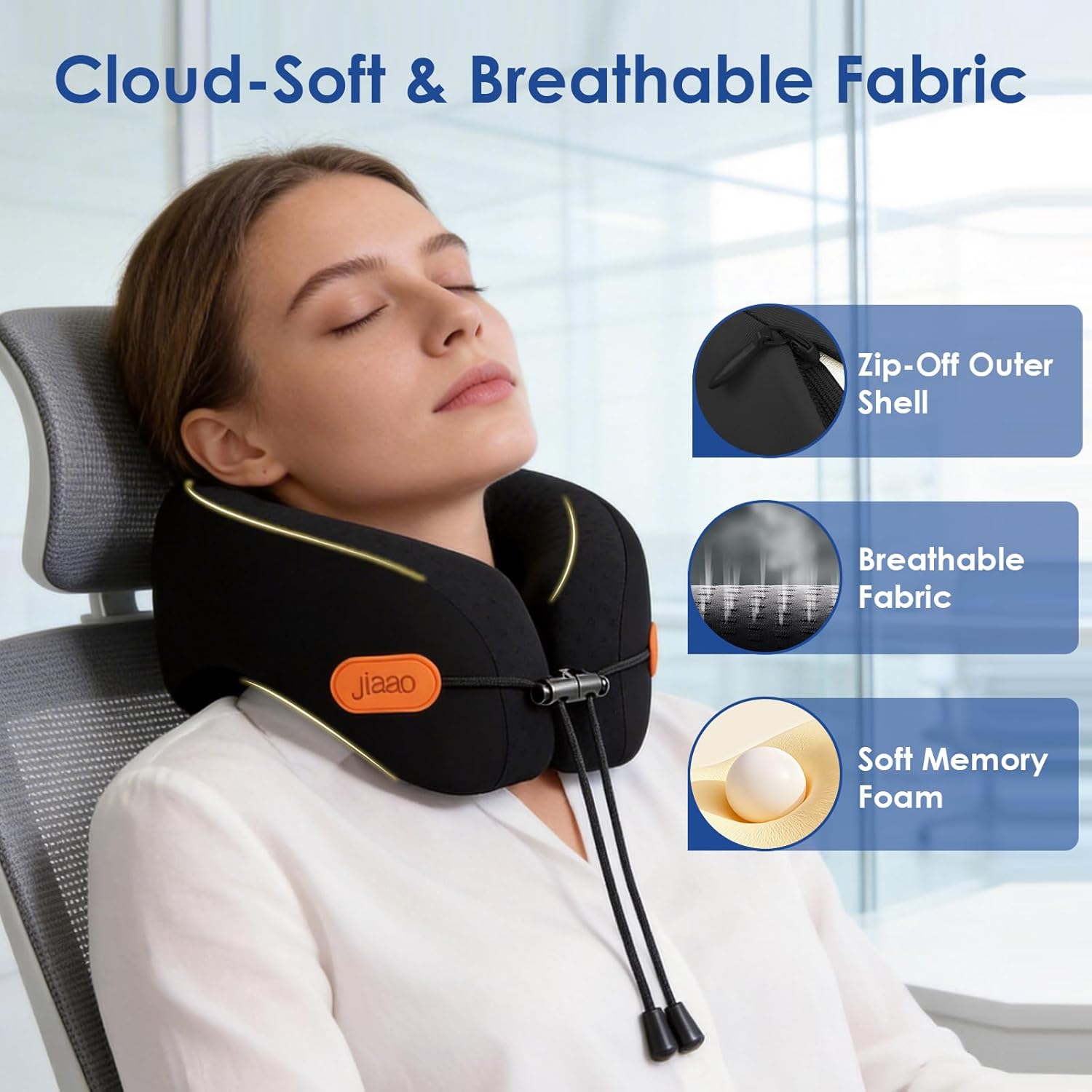 jiaao Travel Pillow Memory Foam Neck Pillow for Airplanes with Adjustable Neck Support, Includes Eye Mask, Earplugs & Storage Bag…