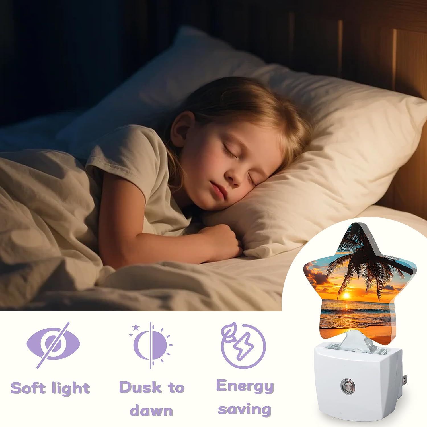 Beach Palm Trees Night Lights Plug Into Wall, Beautiful Sunset Dusk to Dawn Light Sensor Night Light for Kids, Energy Efficient Sleep…