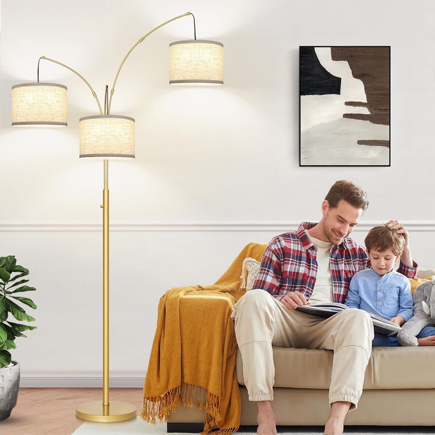 Nintiue Dimmable Floor Lamp - 3 Lights Gold Arc Floor Lamps for Living Room, 1000LM Modern Tall Standing Lamp with White Shades, Mid…