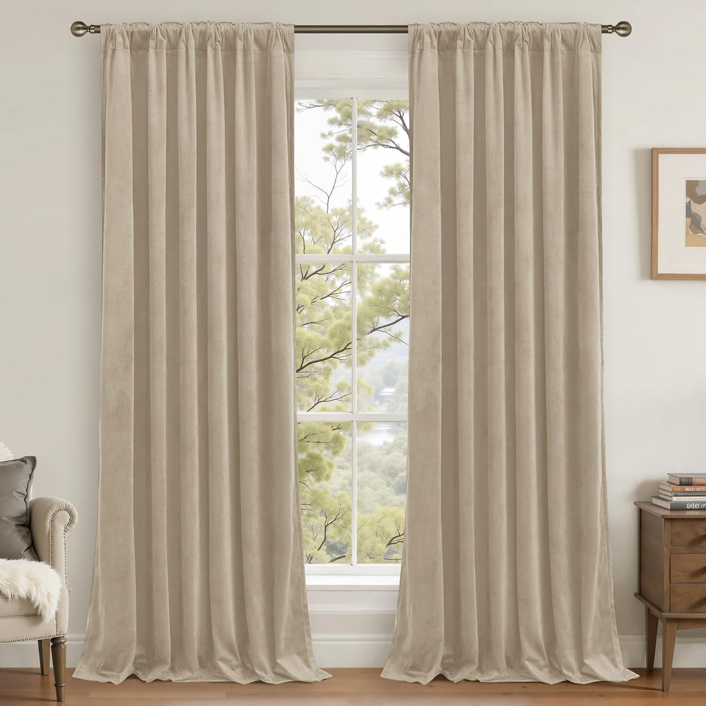 Lamit Taupe Velvet Curtains 120 Inch for Living Room, Thick Thermal Insulated Room Darkening Drapes Super Soft Elegant Back Tab and Rod Poc…