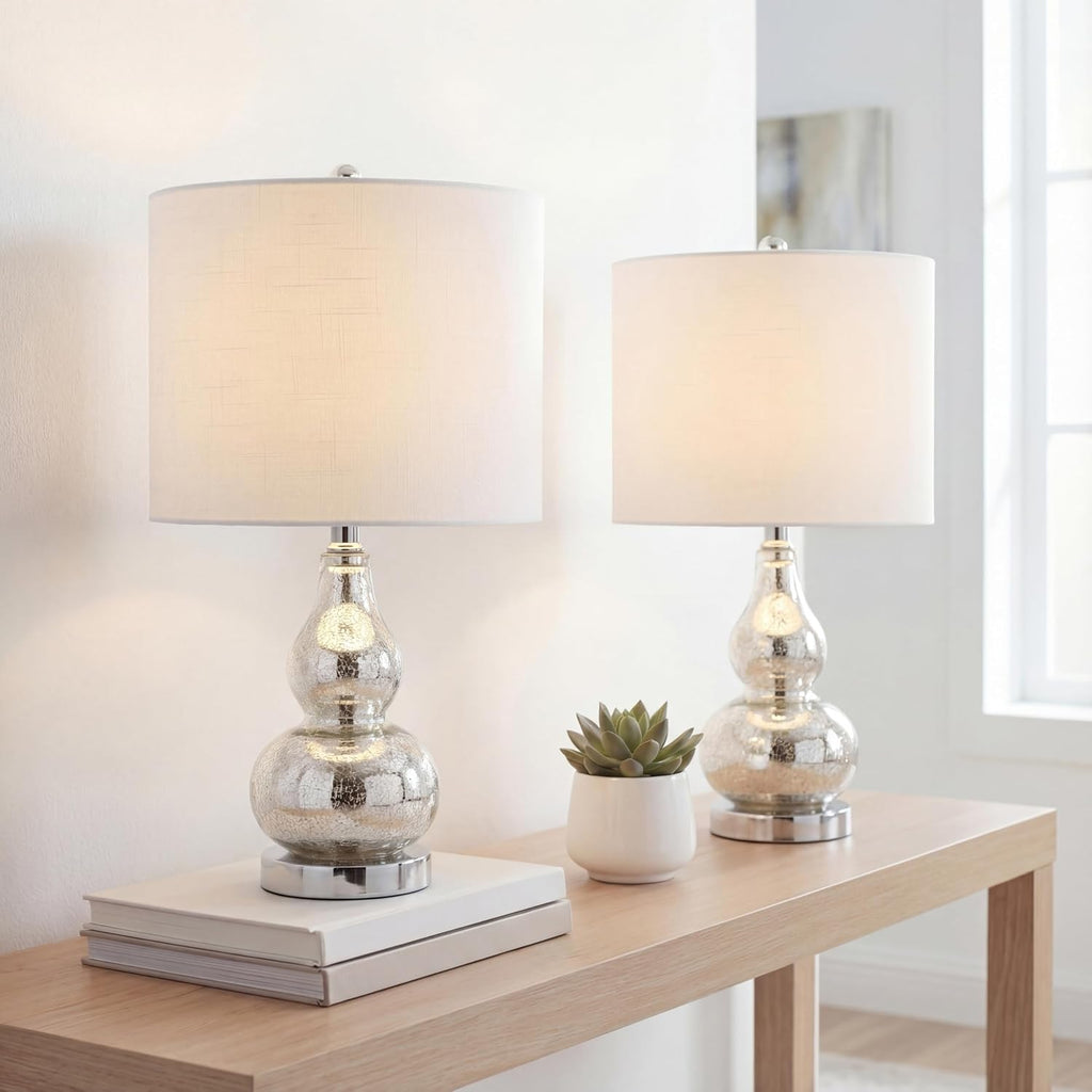 JONATHAN Y 20.5" Mercury Silver Glass Table Lamp, Modern Gourd Bedside Nightstand Lamp for Bedroom, Living Room, White Linen Shade, LED…