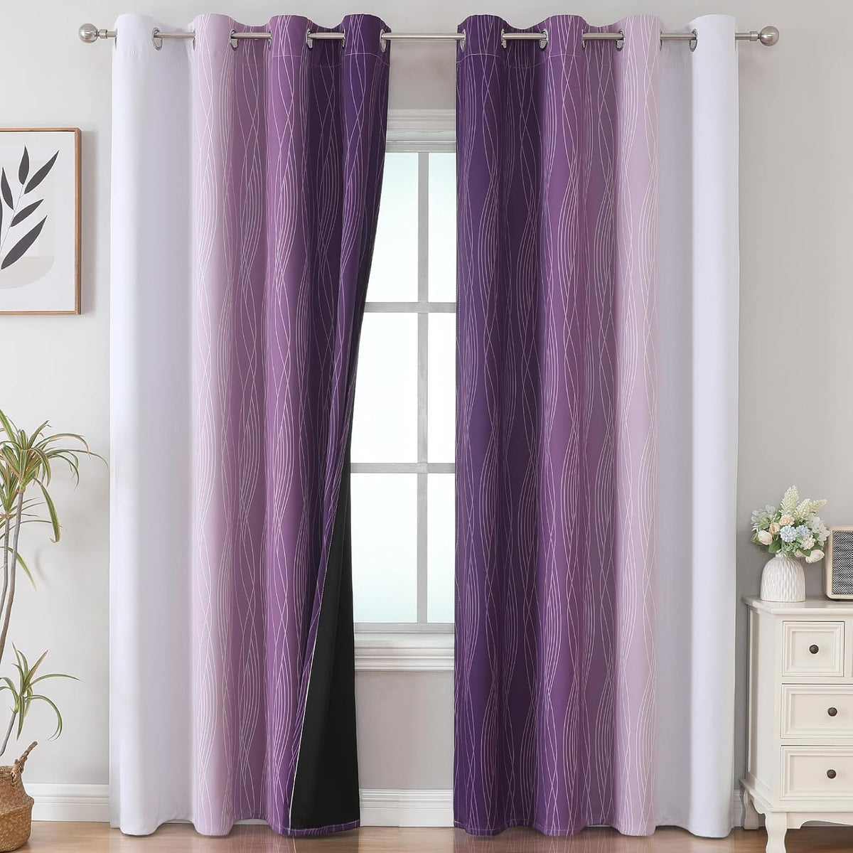 Estelartextiler Estelar Textiler Purple and Grayish White Blackout Curtains 108 Inches Long, Thermal Insulated Drapes for Bedroom, Full Lig…