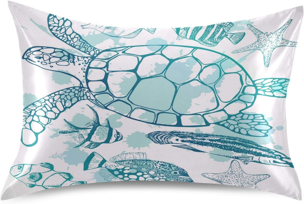 Blueangle Sea Turtle Starfish Satin Pillowcase for Hair and Skin Silk Pillowcase, Standard Size(20x26 inches) - Satin Pillow Covers with…