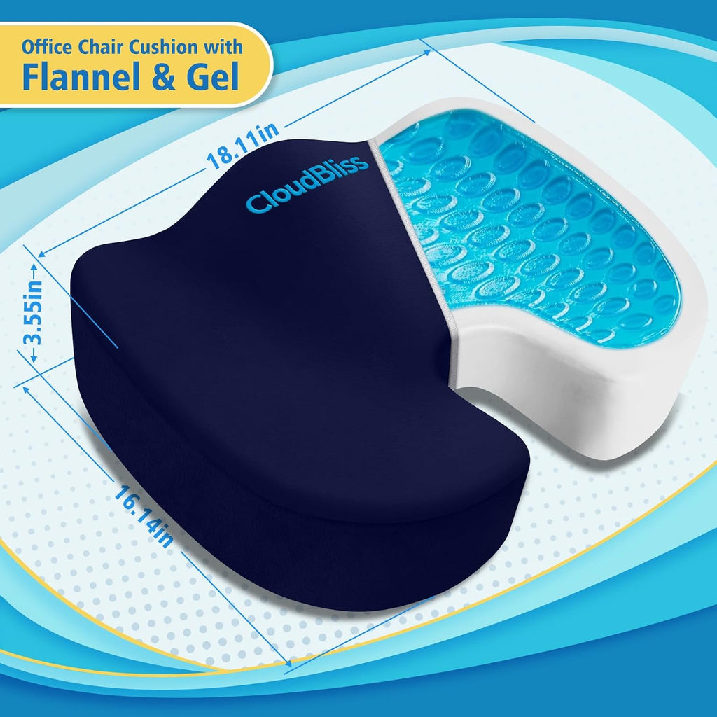CloudBliss Gel Seat Cushion - Cooling Gel Enhanced, Memory Foam, Ergonomic Seat Cushion for Long Sitting for Office, Game, Car, Airplane…