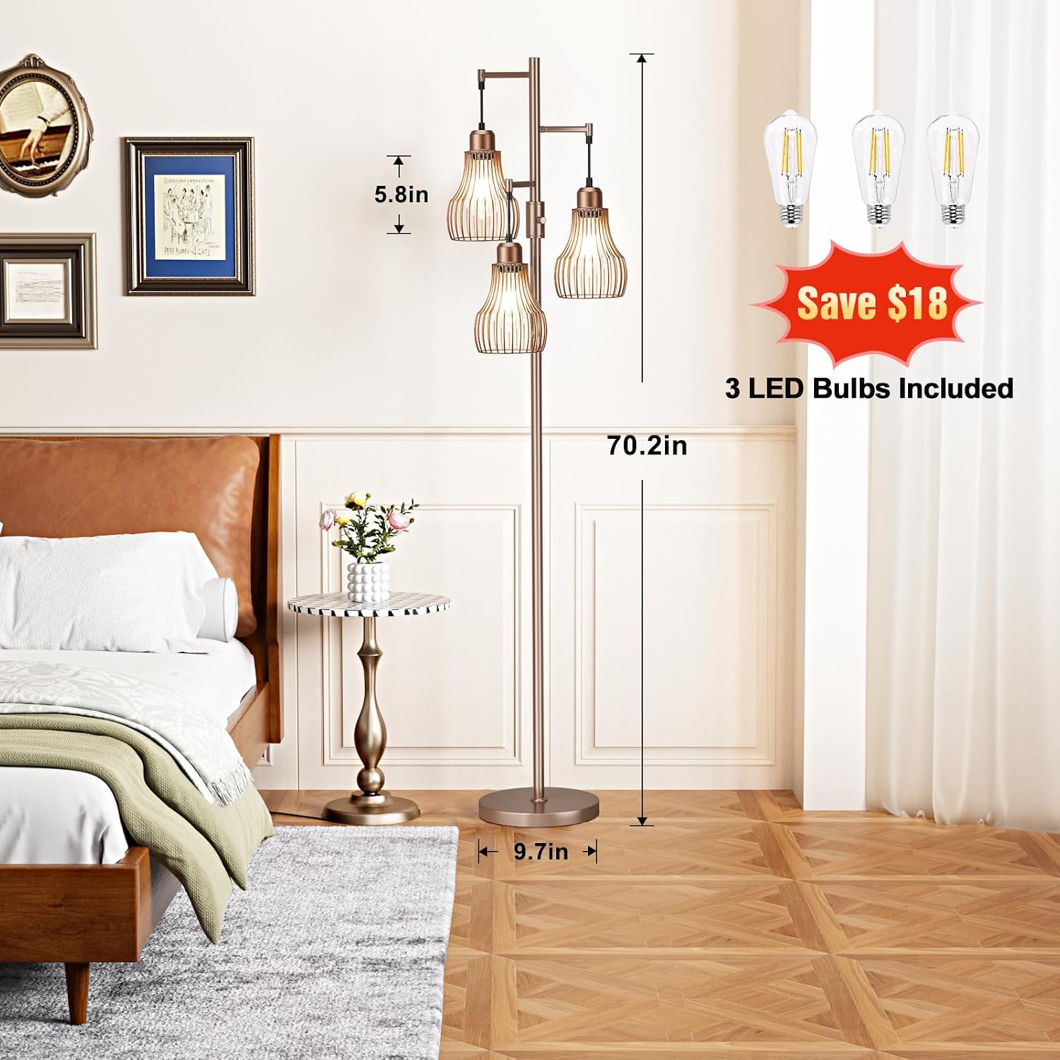 Ziisee Dimmable Floor Lamps for Living Room, Industrial Tree Standing Tall Lamps with 3 Elegant Cage Shade & 800 Lumens LED Bulbs for…