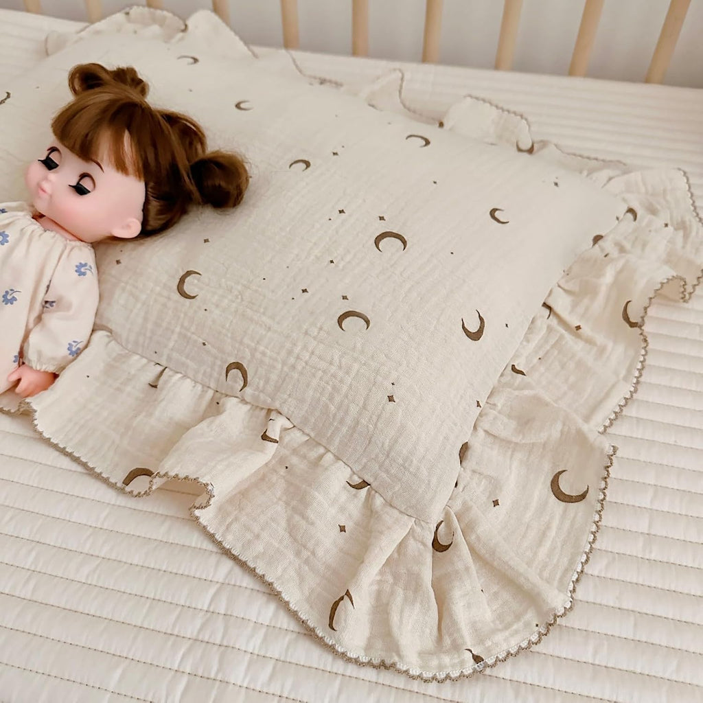 BuLuTu Muslin Toddler Pillowcases Girls Boys, Soft Breathable Cotton Kids Pillow Cover, Moon Star Pattern Shabby Chic Nursery Pillow Cases…