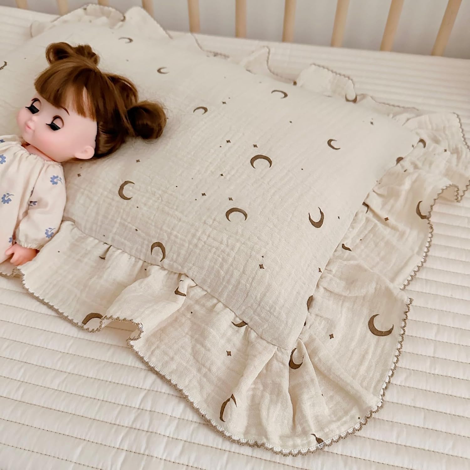 BuLuTu Muslin Toddler Pillowcases Girls Boys, Soft Breathable Cotton Kids Pillow Cover, Moon Star Pattern Shabby Chic Nursery Pillow Cases…