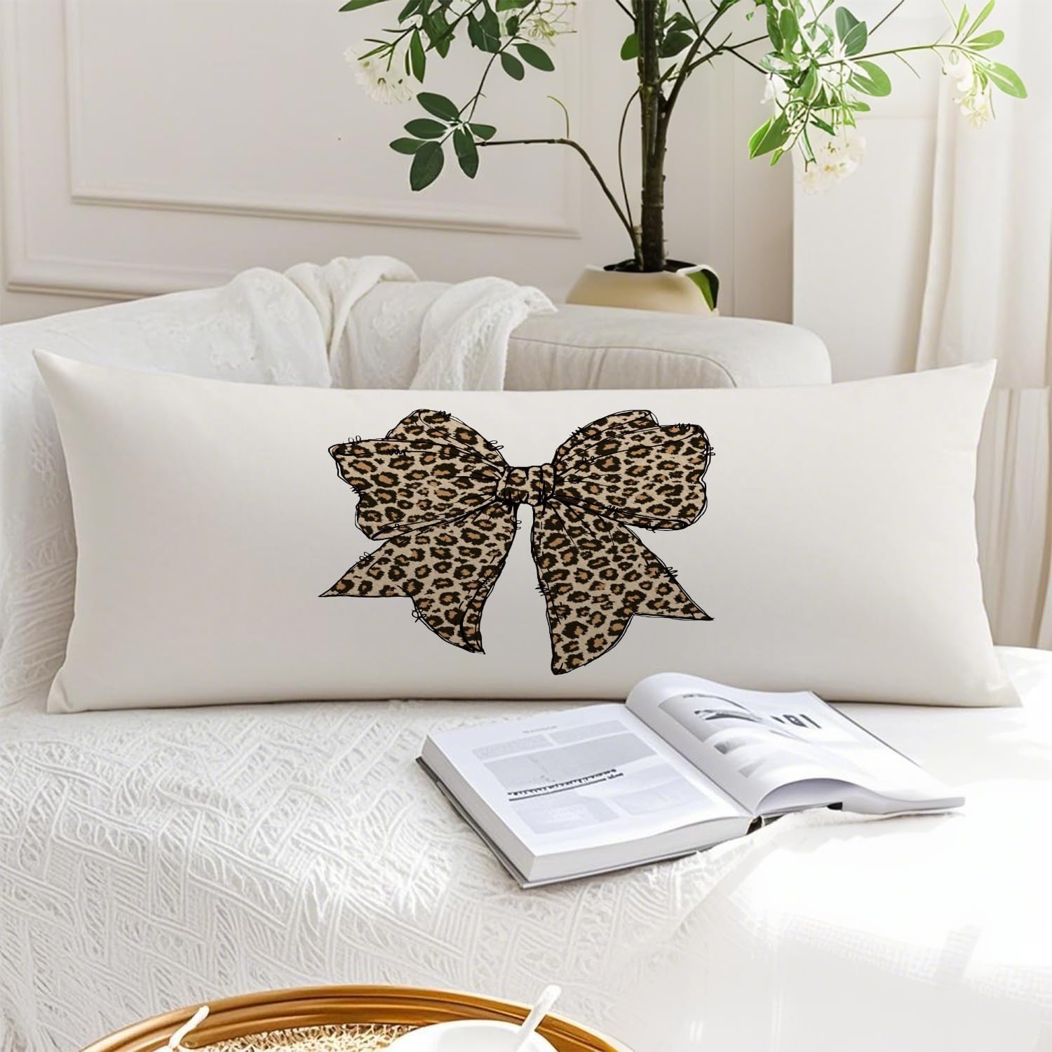 Trendy Coquette Leopard Bow 20x54 Body Pillow Cover, Coquette Room Decor, Cheetah Print Room Decor, Preppy Leopard Print Decorative Long…