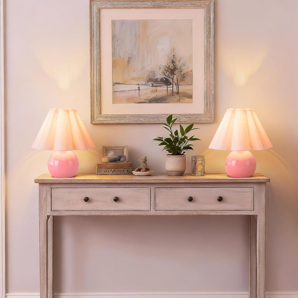 Pink Small Bedside Mini Table Lamp for Bedroom, Cute Bedroom Lamps for Nightstand, Cute Mini Table Lamps for Small Spaces with Scalloped…