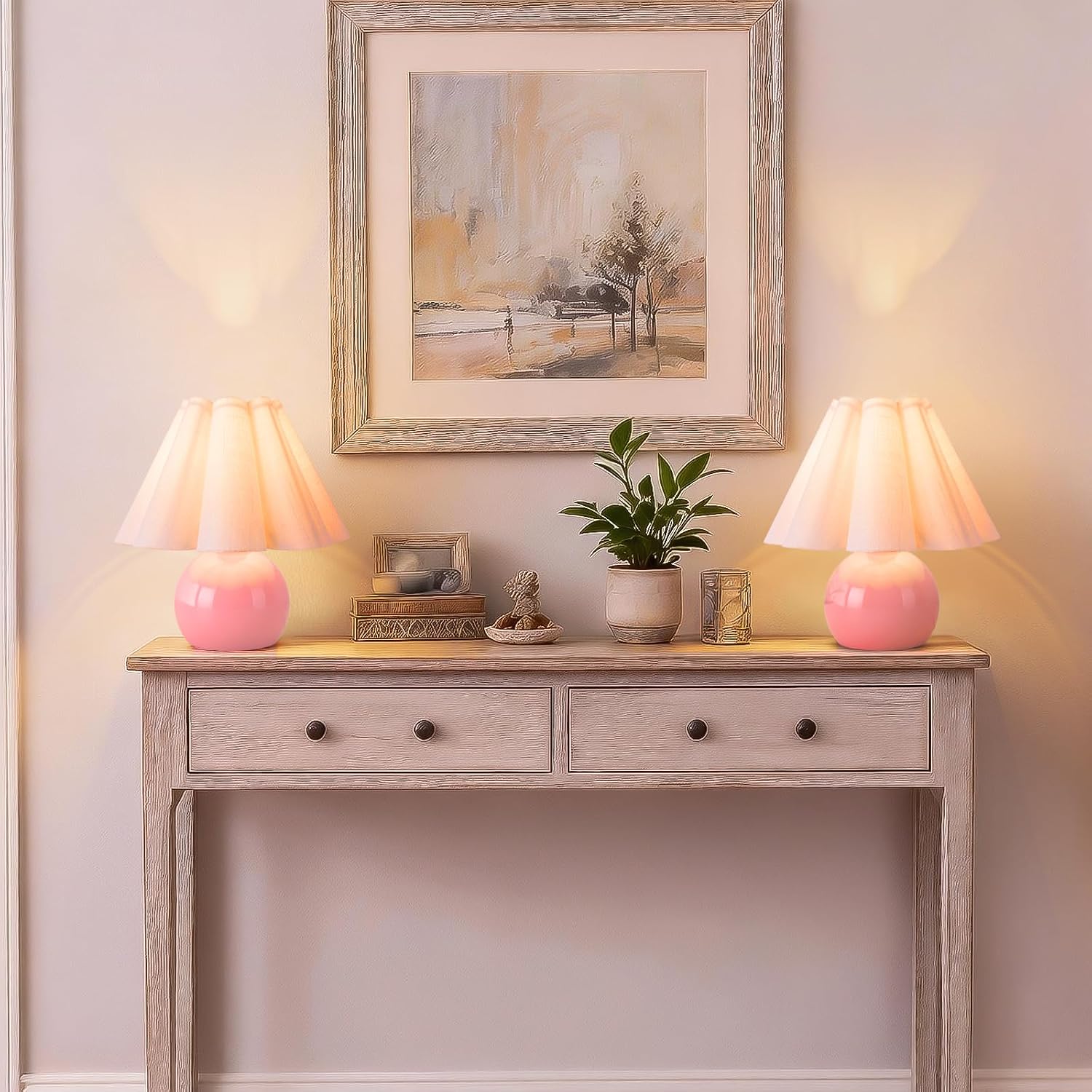 Pink Small Bedside Mini Table Lamp for Bedroom, Cute Bedroom Lamps for Nightstand, Cute Mini Table Lamps for Small Spaces with Scalloped…