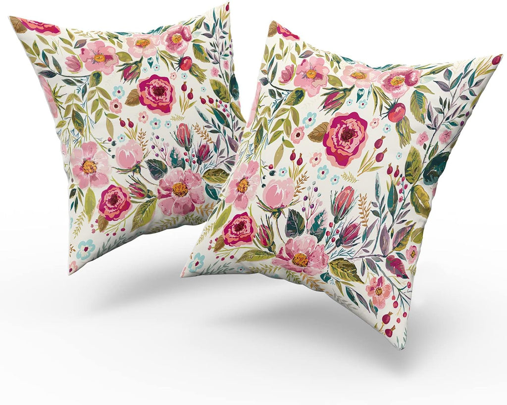 Summer Flower Throw Pillow Covers 16X16 Inch Watercolor Peony Pillowcase Hot Pink Floras With Green Leaves Girly Decorative Square Cotton…