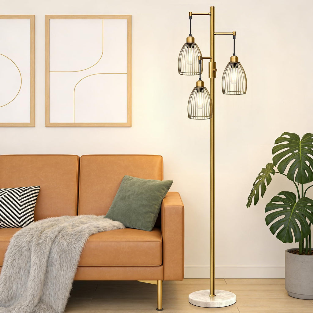 Torondo Dimmable Floor Lamps for Living Room, Industrial Standing Lamp with Marble Base, Antique Brass Tree Tall Pole Light with 3…