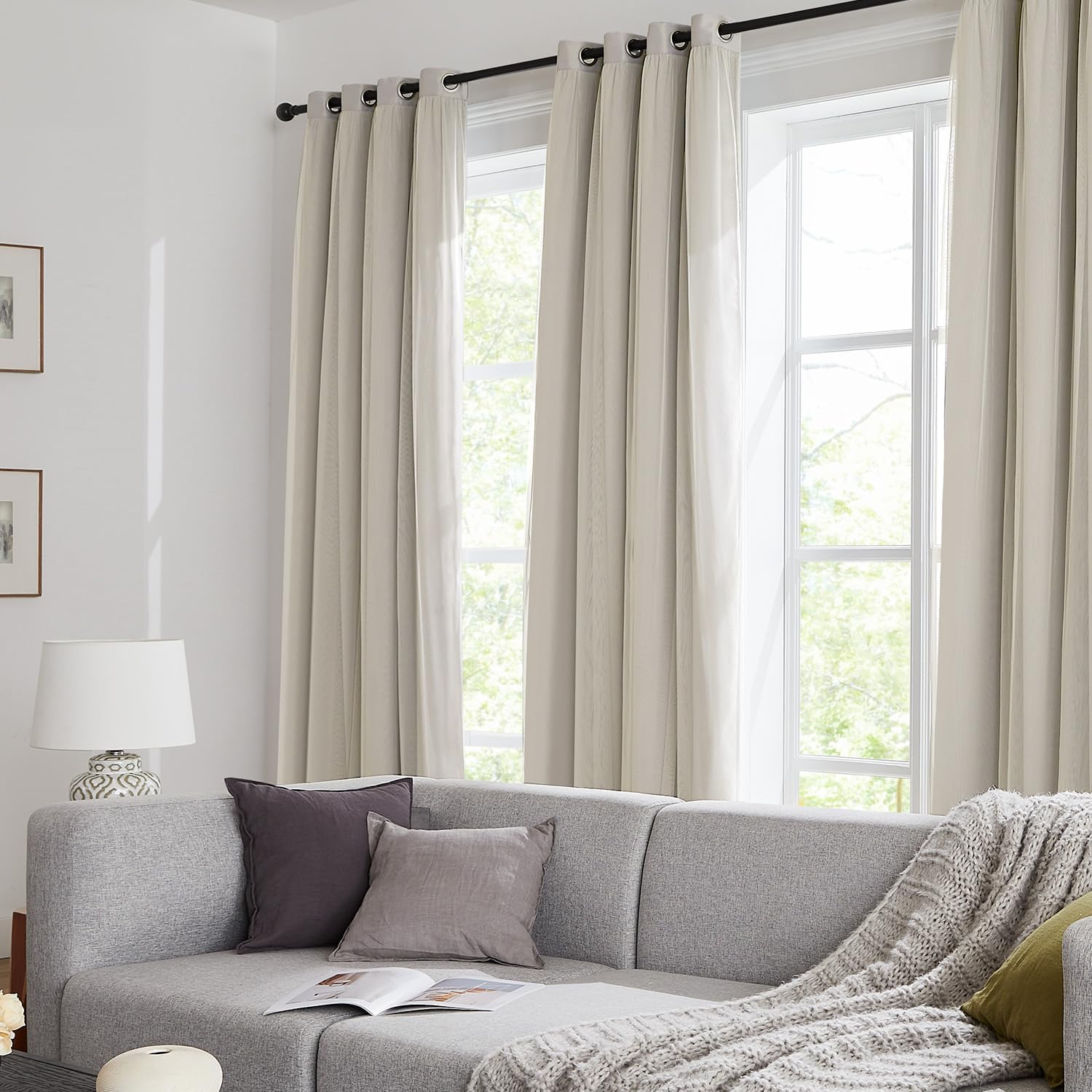 Swandream 100% Blackout Curtains for Bedroom, Double Layer Ivory Curtains, Black Out Curtain 63 inch Long with Sheer Overlay for Living Roo…