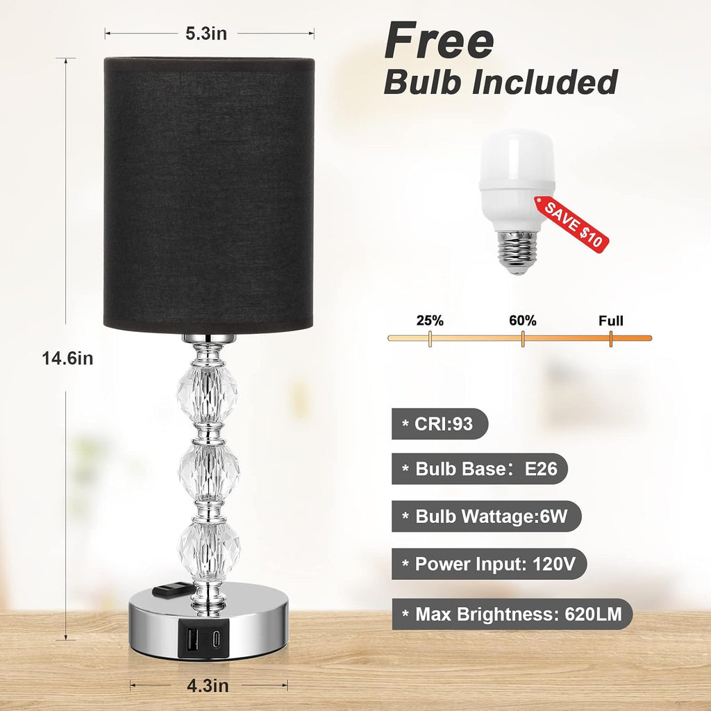 Black Touch Bedside Lamps for Bedrooms - Crystal Table Lamp with USB C+A Charging Port and AC Outlet Nightstand, 3 Way Dimmable Silver…