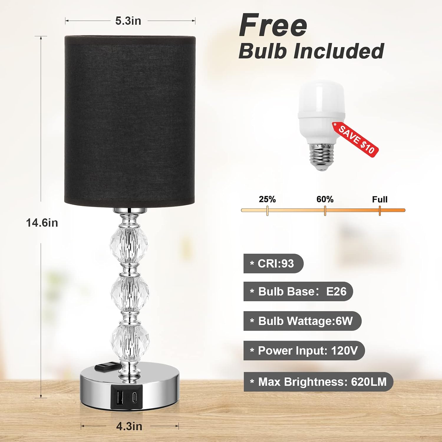 Black Touch Bedside Lamps for Bedrooms - Crystal Table Lamp with USB C+A Charging Port and AC Outlet Nightstand, 3 Way Dimmable Silver…