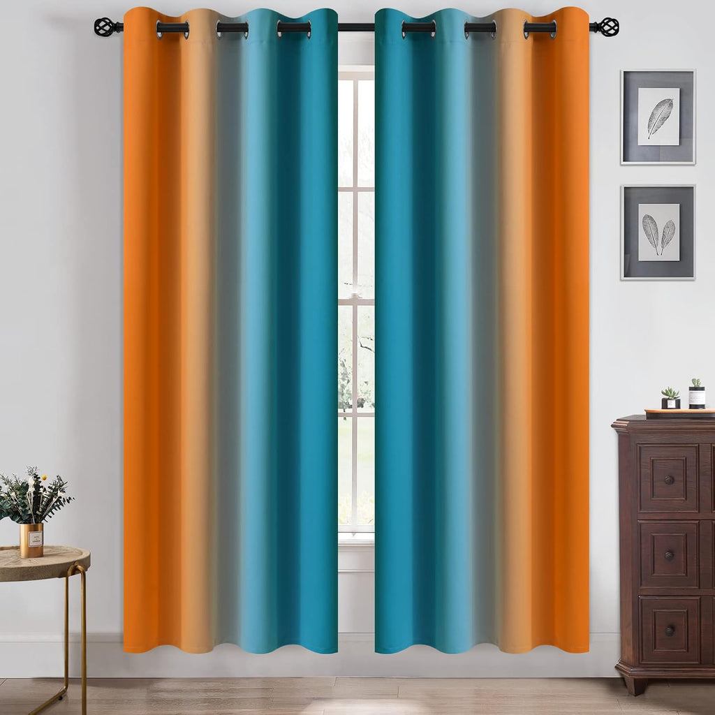 Yakamok Ombre Blue and Orange Curtains for Bedroom, Gradient Room Darkening Curtains, Grommet Thermal Insulated Light Blocking Window Drape…