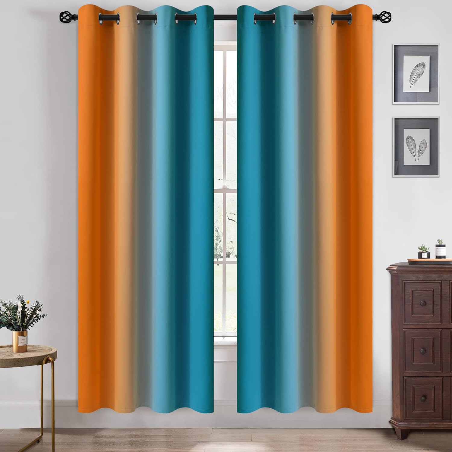 Yakamok Ombre Blue and Orange Curtains for Bedroom, Gradient Room Darkening Curtains, Grommet Thermal Insulated Light Blocking Window Drape…