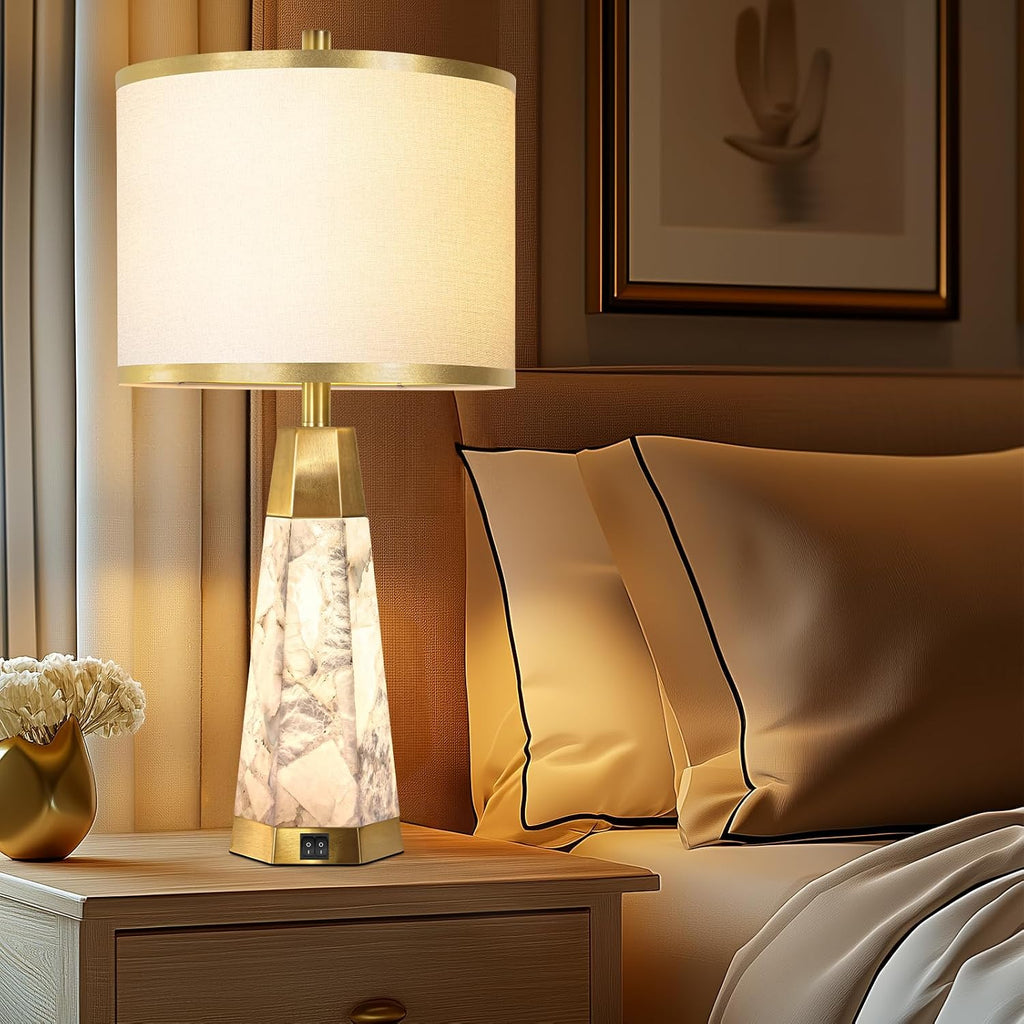 KIVDITZO 27" Alabaster Table Lamps Set of 2 - Lamps for Living Room with Night Light, Bedside Lamps with White Linen Shade, Nightstand…