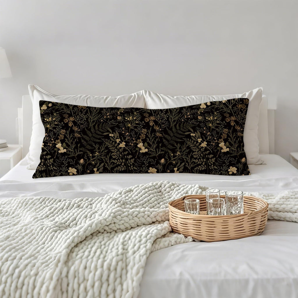 Moody Floral Botanical 20x54 Body Pillow Cover, Dark Aesthetic Room Decor, Rustic Dark Cottagecore Gold Plants Flower Botanical…