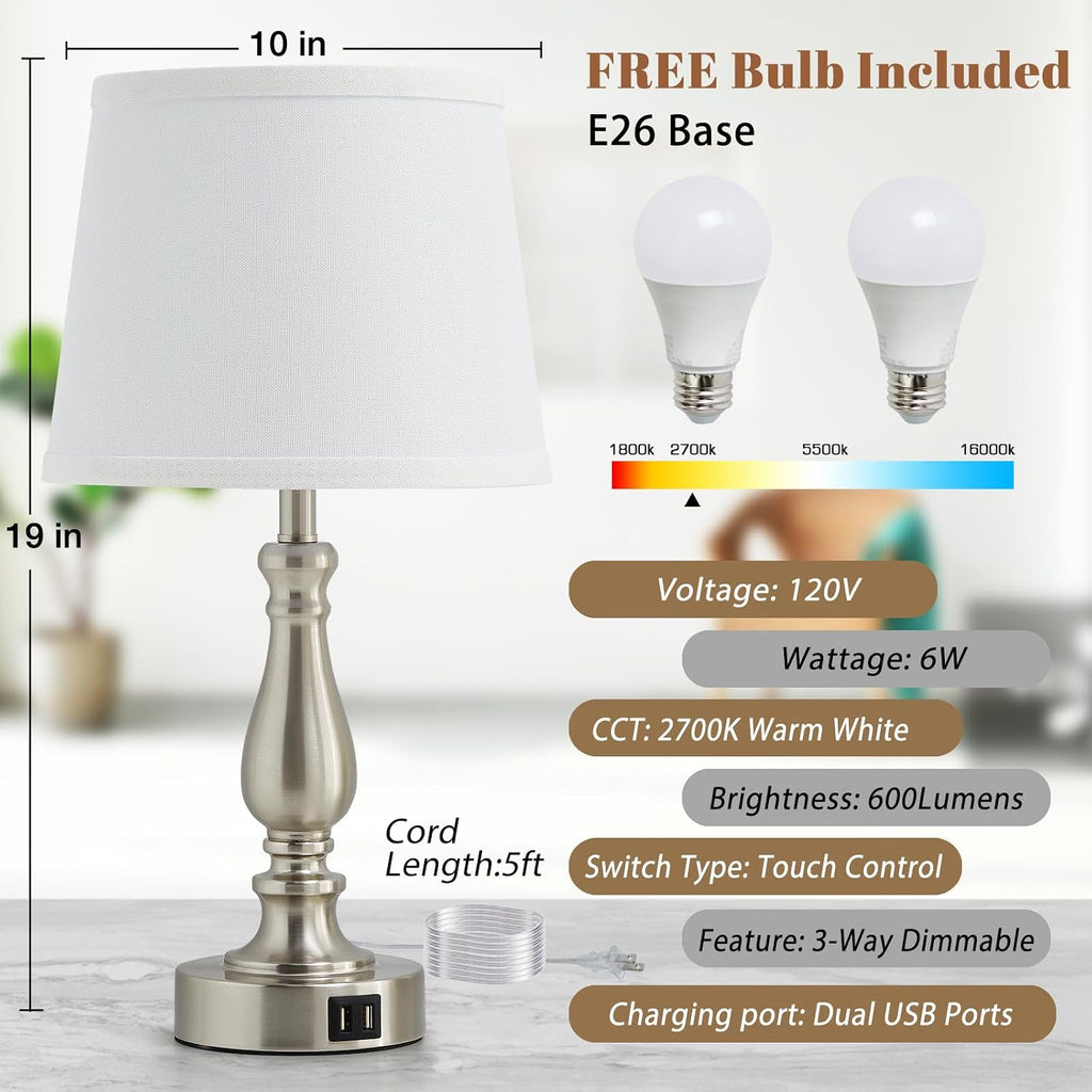 EJIAXIN Table Lamps for Bedrooms Set of 2 - Touch Bedside Lamps with USB C+A Ports, Dimmable White Nightstand Lamps for End Tables…