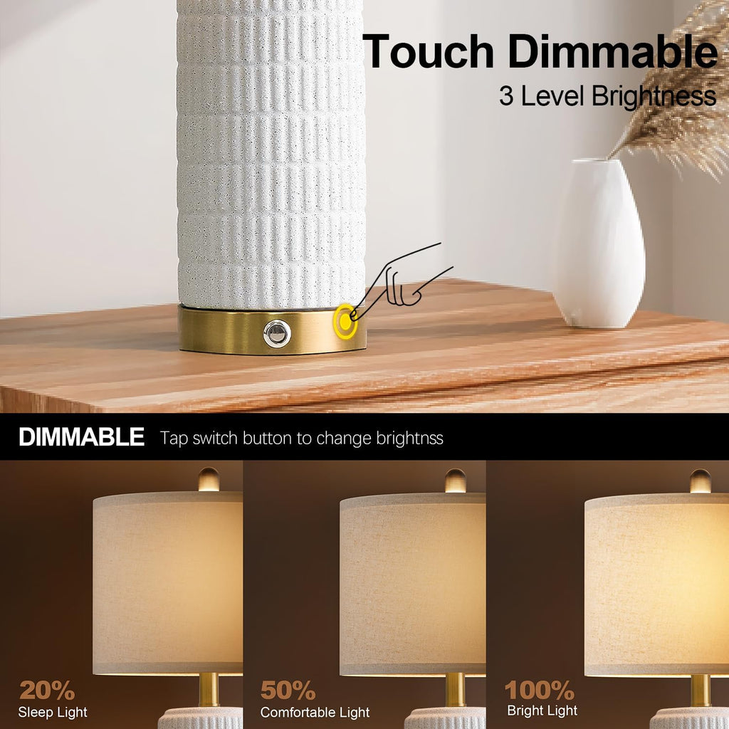 PoKat Stone-Like Ceramic Table Lamps with USB Ports for Bedroom, 25'' Matte-White Dimmable Nightstand Touch Lamps for Night Stands with…
