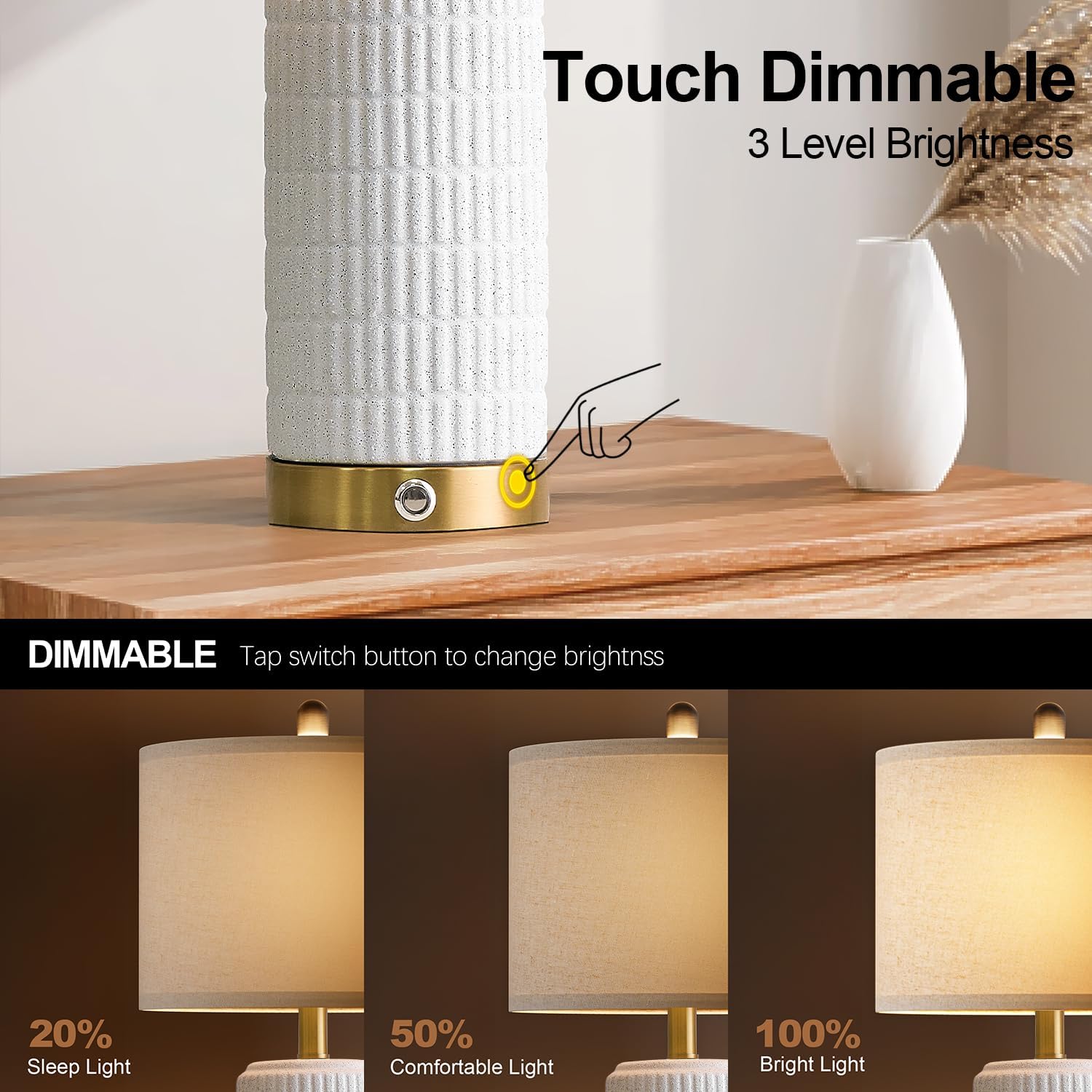 PoKat Stone-Like Ceramic Table Lamps with USB Ports for Bedroom, 25'' Matte-White Dimmable Nightstand Touch Lamps for Night Stands with…