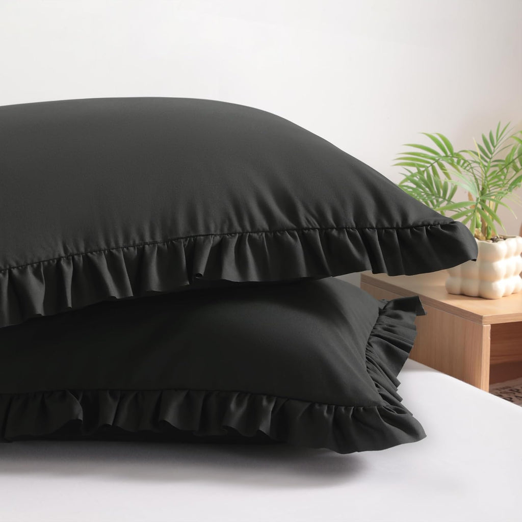 Bedsum Ruffled Pillow Shams Standard 20x26 Set of 2, Brushed Microfiber Pillowcases with Envelope Closure, Soft Wrinkle-Resistant, Black Bl…