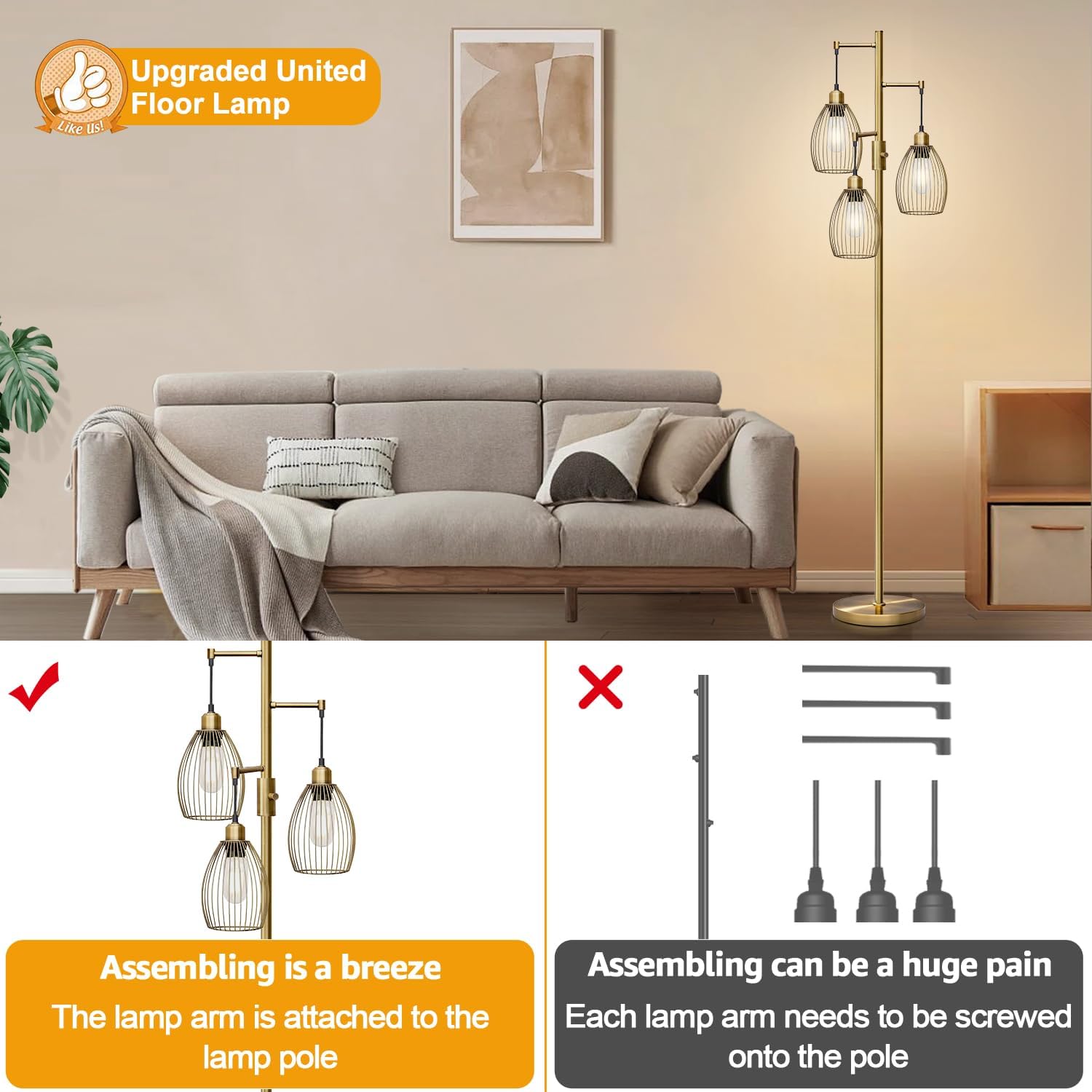 Dimmable Floor Lamp, 3 x 800LM LED Edison Bulbs Included, Farmhouse Industrial Floor Lamp Standing Tree Lamp with Elegant Teardrop Cage…