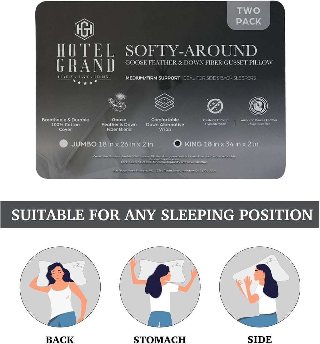 HotelGrand Hotel Grand Luxury Goose Feather & Down Fiber Pillows King Size Set of 2, Firm Support Gusseted Design, 100% Cotton Cover, No-Fl…