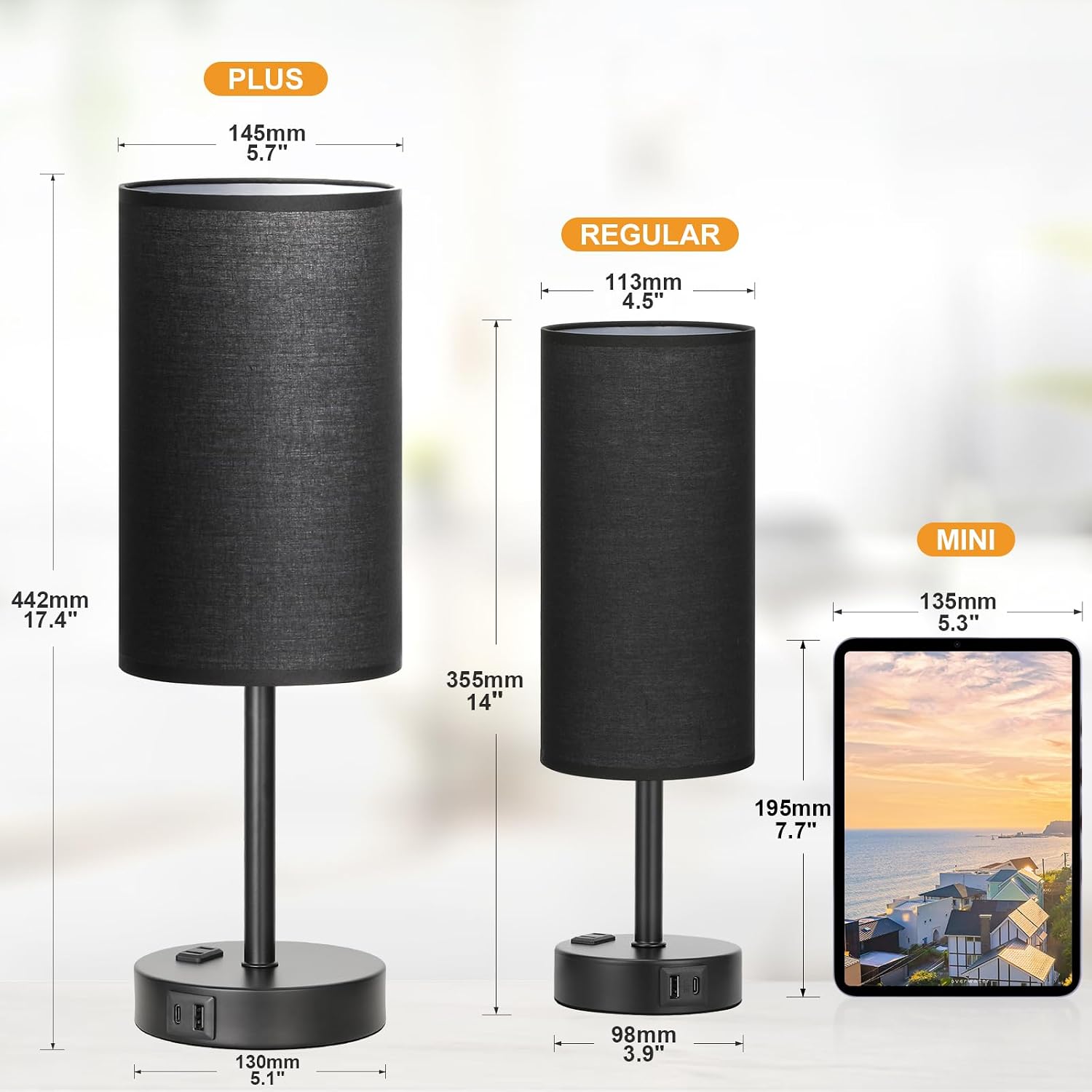 17.4inches Tall Black Touch Table Lamps Set - 3 Way Dimmable Bedside Lamps with USB C and A Ports, Small Lamps for Nightstand with AC…