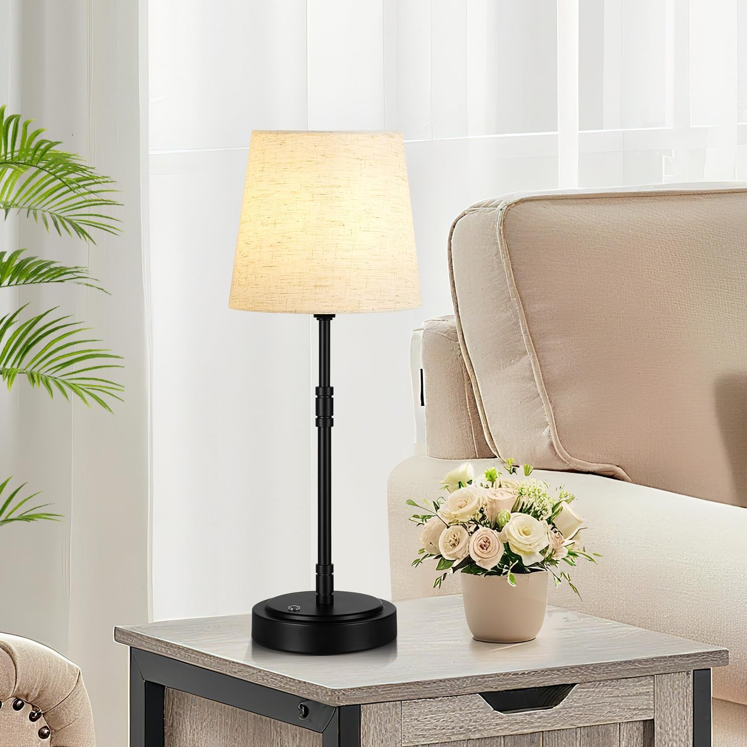 Cordless Table Lamps Set of 2 – Battery Operated Lamp with 7500mAh Rechargeable Battery, Stepless Dimmable Black Lamps with Beige Shade…