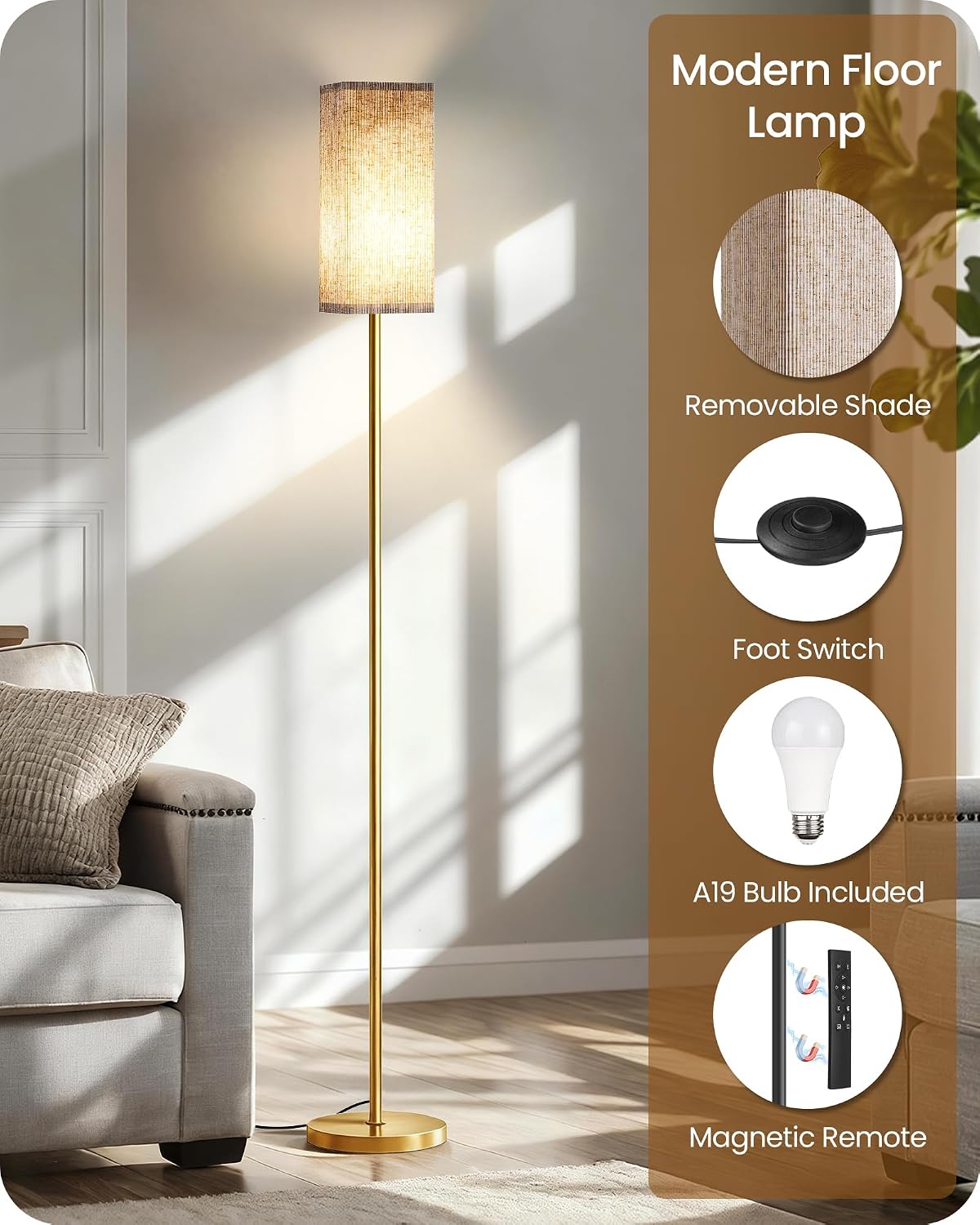 2Pack 64.2” Dimmable Floor Lamp for Living Room with Remote & Foot Switch, Corner Floor Lamp for Bedroom, Includes A19 Bulb, Modern…