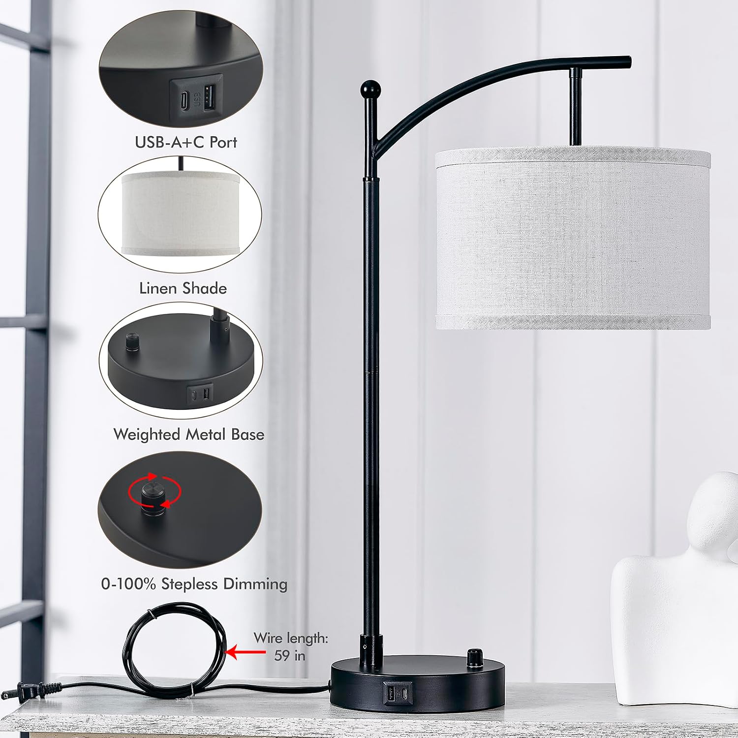 Table Lamp for Living Room Bedroom, 23.5" Table Lamps Set of 2 with USB C+A Ports, Bedside Lamps for Nightstand with Linen Lamp Shades, 2…