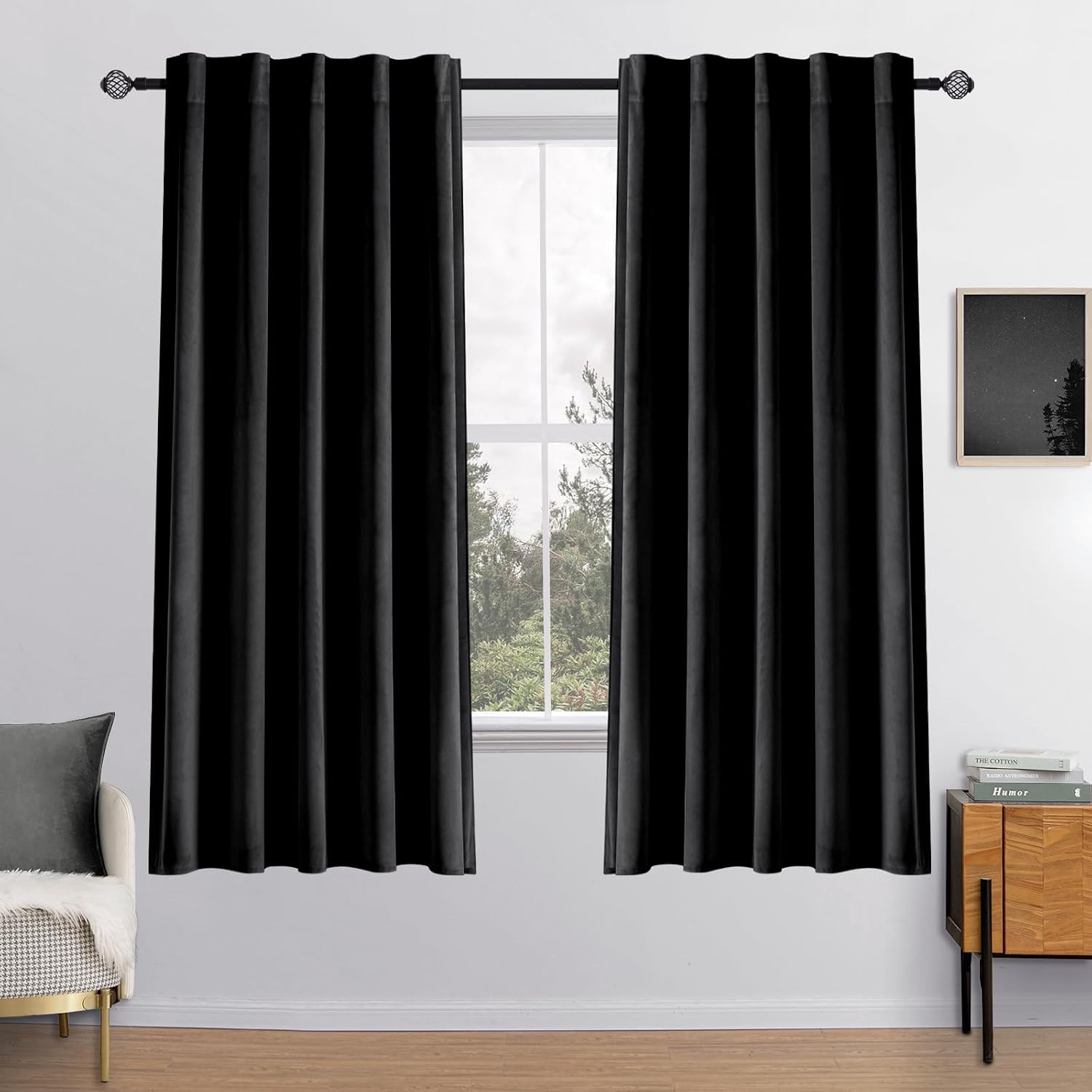 Miulee Black Velvet Curtains 63 inch Length 2 Panels - Luxury Blackout Curtains for Bedroom Living Room Thermal Insulated Super Soft Window…