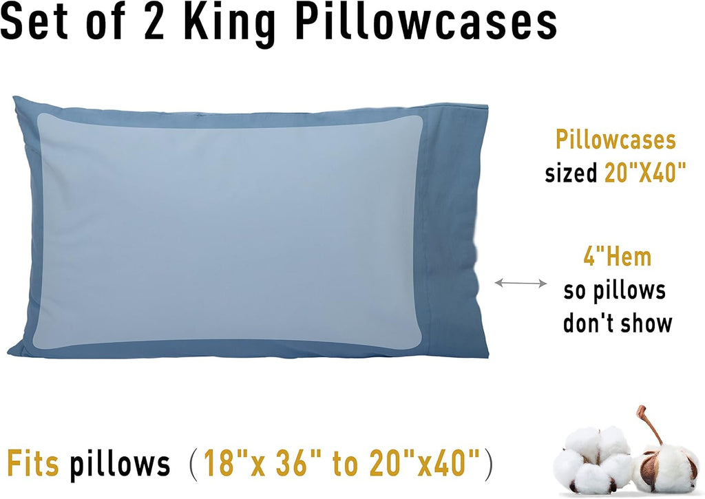 Sunflower King Pillowcases Set of 2, 100% Cotton King Pillow Cases 2, 20×40 inches Copen Blue, Soft and Breathable