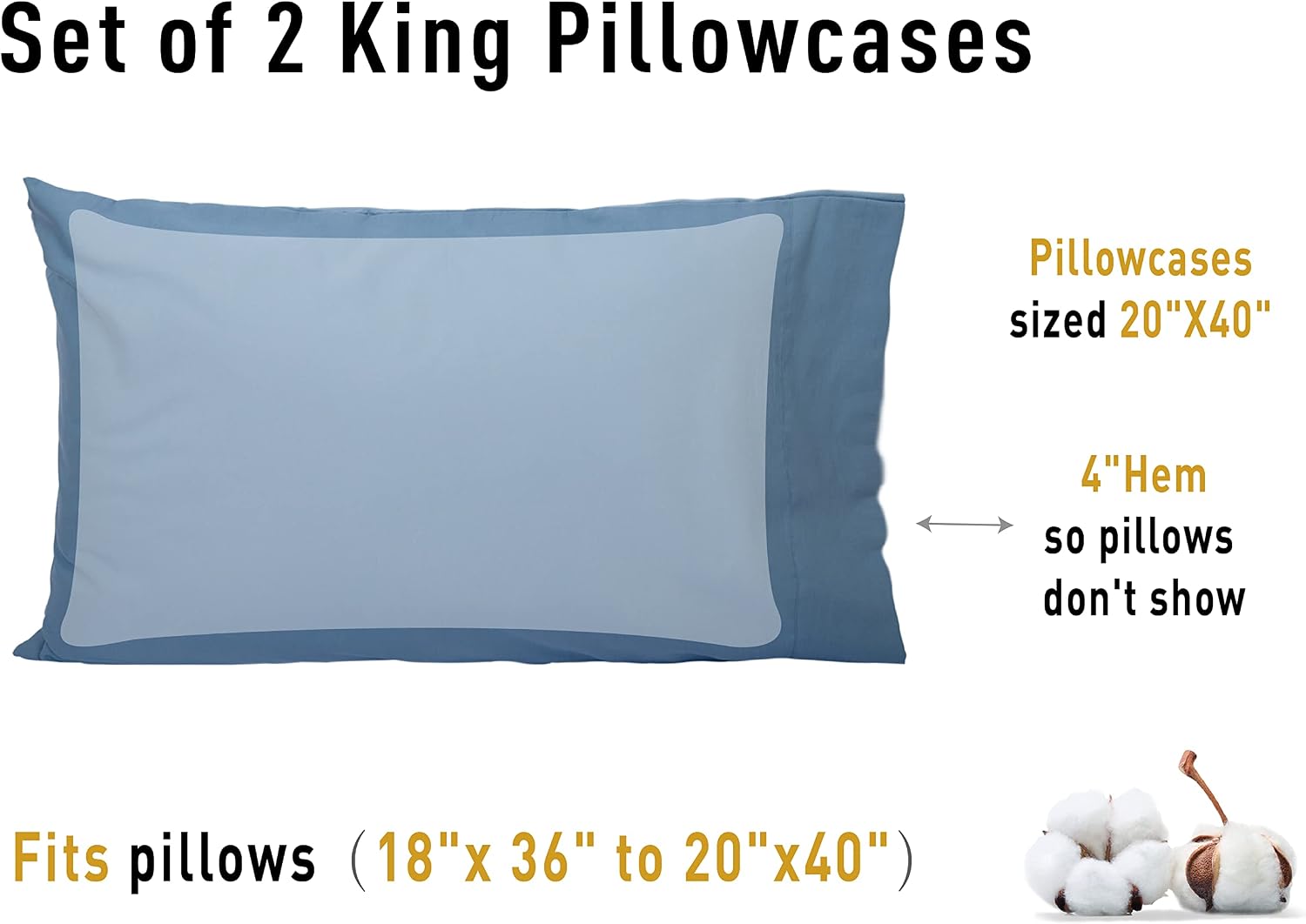 Sunflower King Pillowcases Set of 2, 100% Cotton King Pillow Cases 2, 20×40 inches Copen Blue, Soft and Breathable